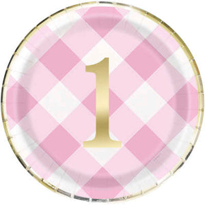 Gingham Pink 1st Bday Plates 8