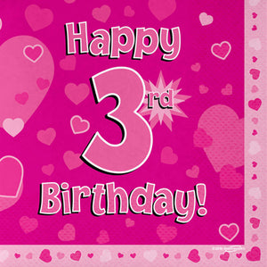 Pink 3rd Birthday Napkins 16pk