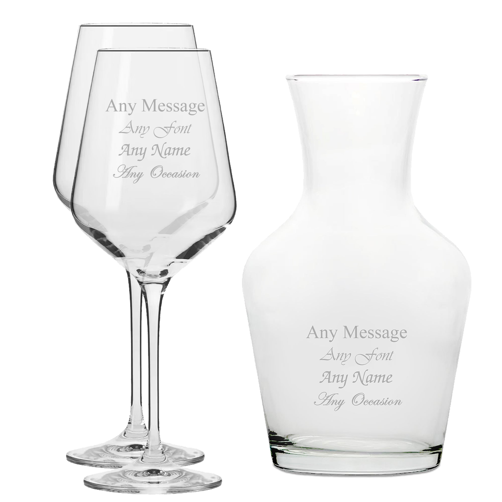 Personalised Engraved Set of 2 Infinity Wine Glass and 1 Litre Vin Carafe Set Image 1