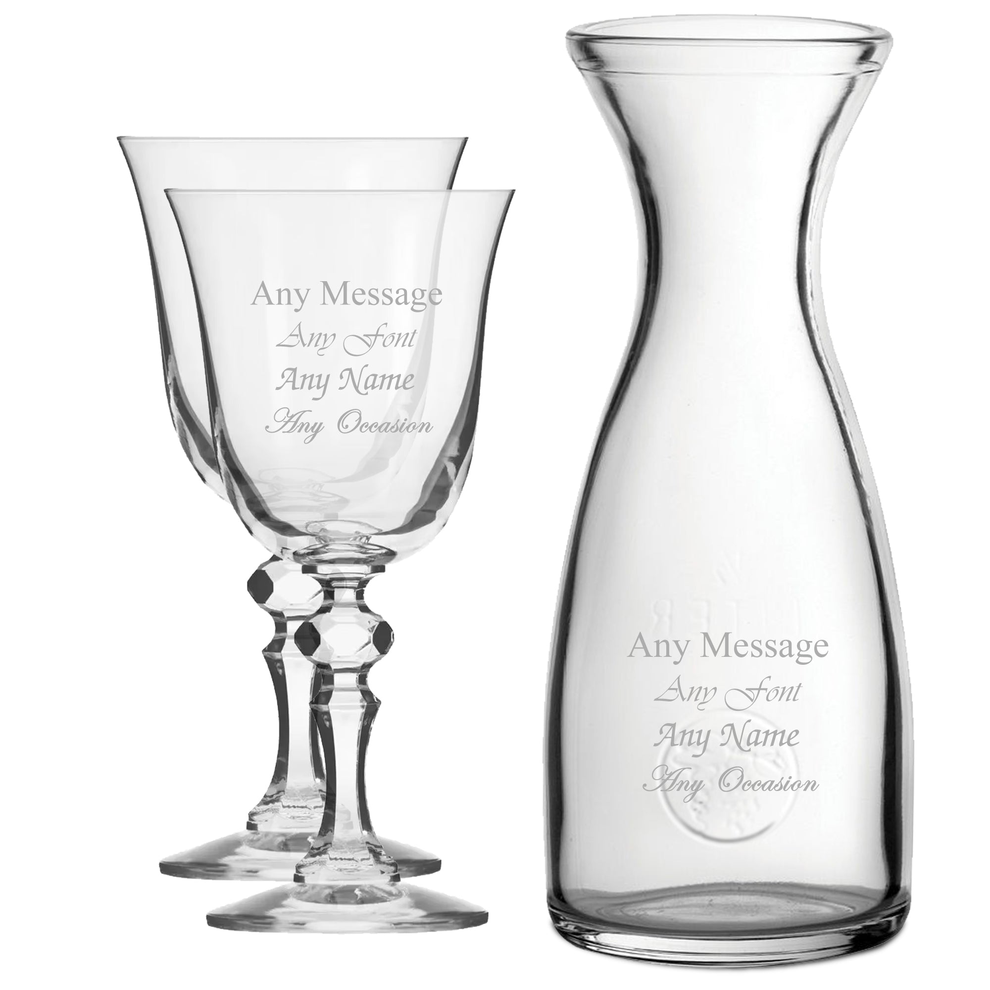 Personalised Engraved Set of 2 Crystal Jasmine Wine Glass and 1 Litre Carafe Set Image 1