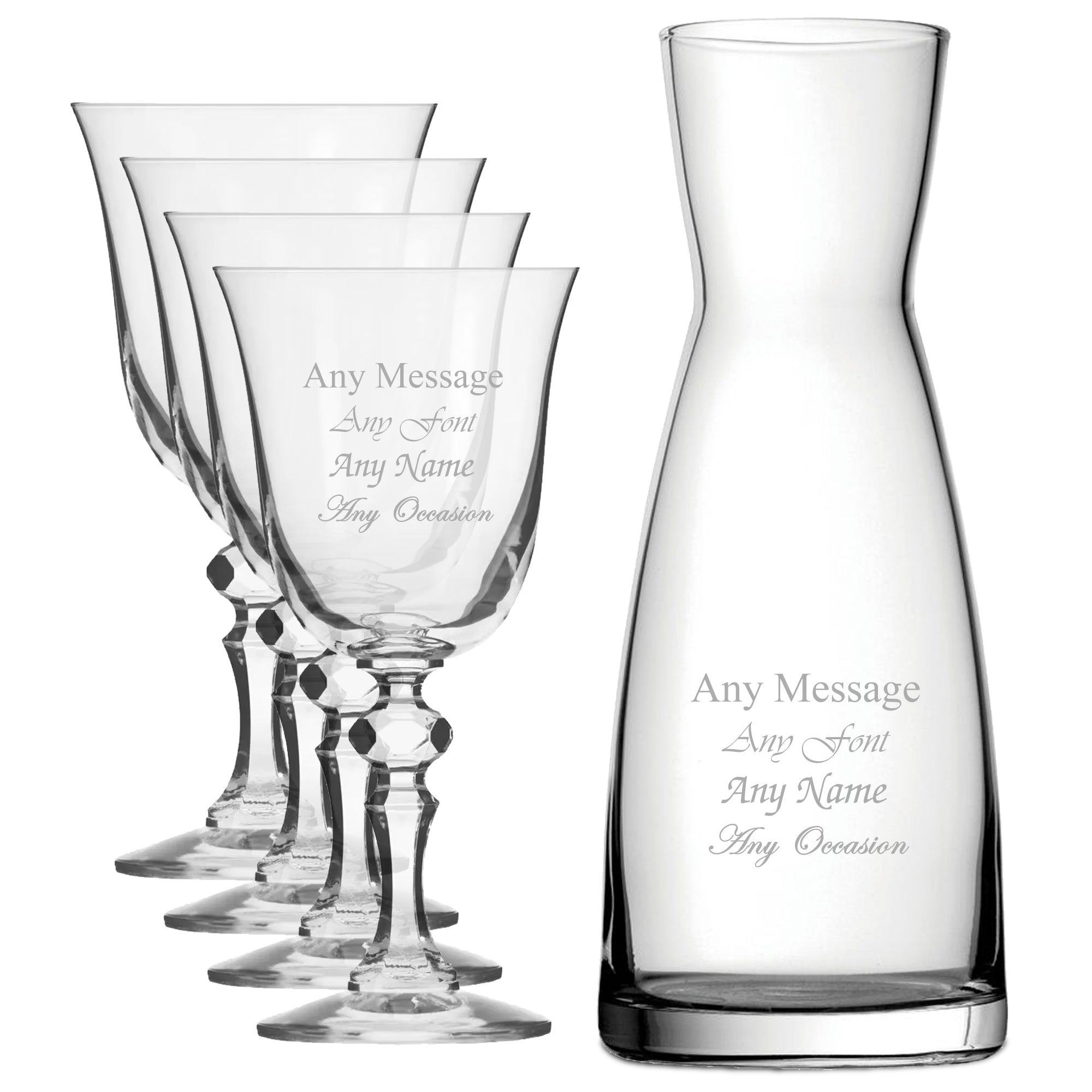 Personalised Engraved Set of 4 Crystal Jasmine Wine Glass and Contemporary Carafe Set Image 1