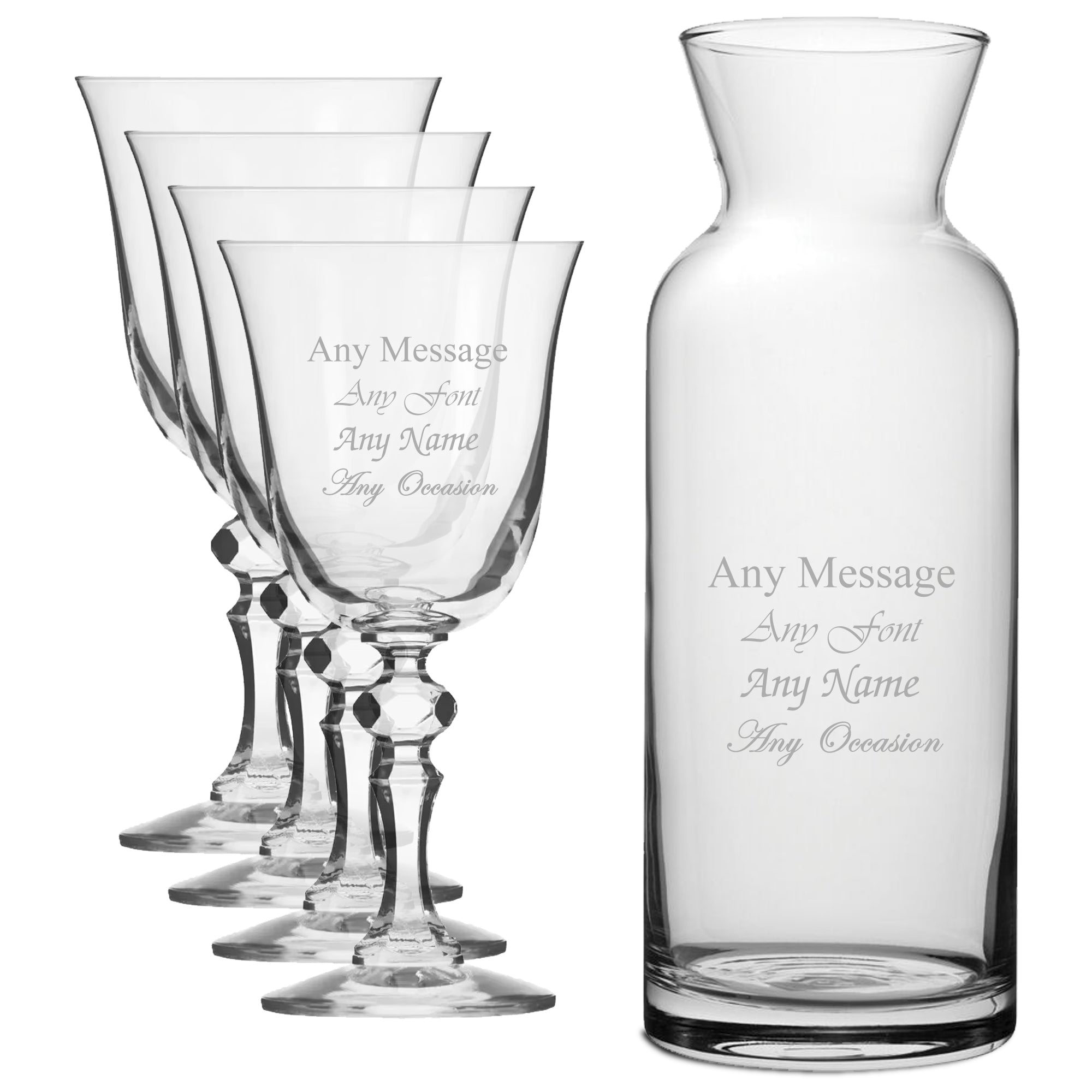 Personalised Engraved Set of 4 Crystal Jasmine Wine Glass and Village Carafe Set Image 1
