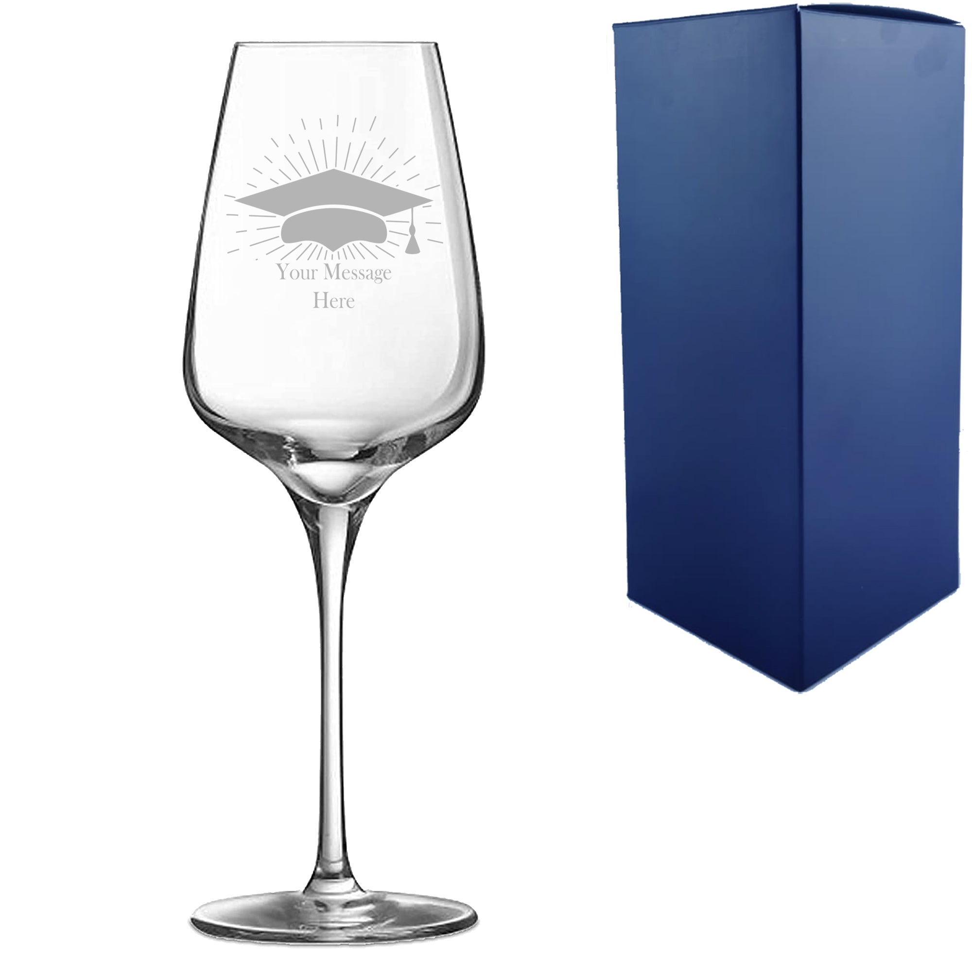 Personalised Engraved Graduation Wine Glass with Grad Cap Burst Design, Personalise with Any Name or Message Image 1