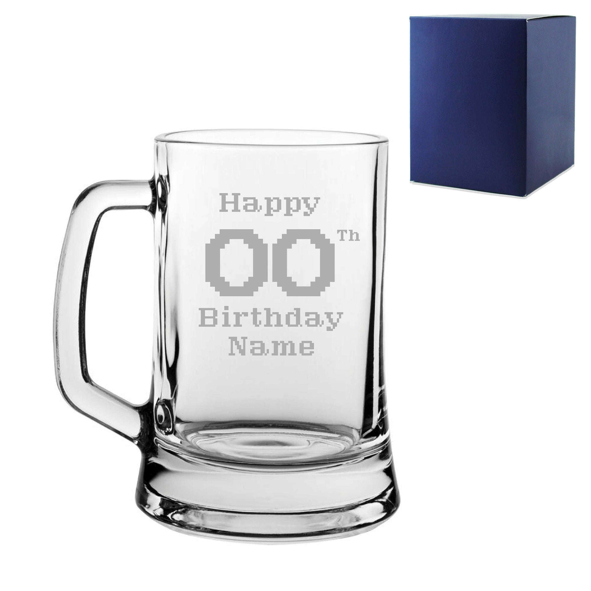 Engraved Tankard Beer Mug Stein Happy 20,30,40,50... Birthday Pixelated Design Gift Boxed Image 1