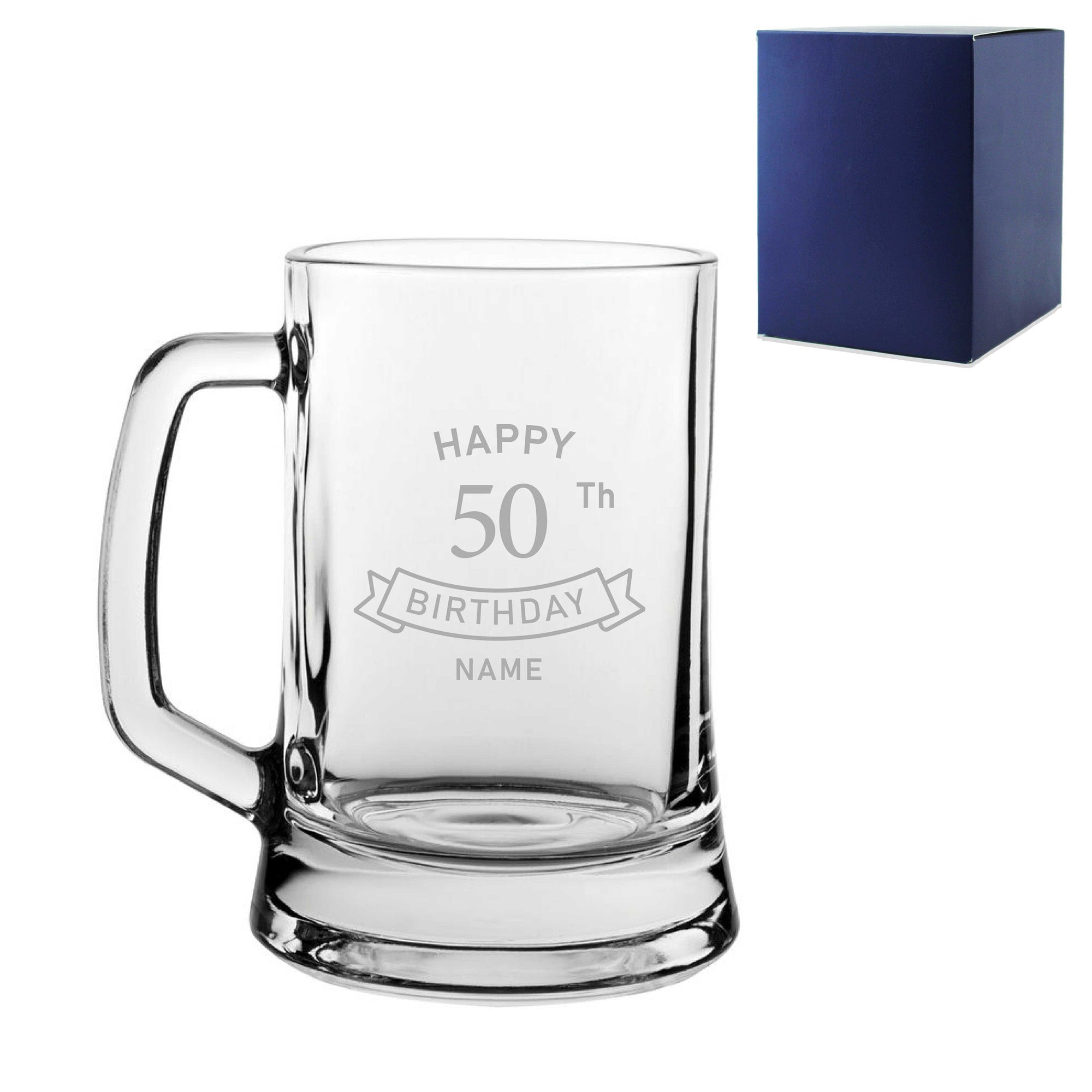 Engraved Tankard Beer Mug Stein Happy 50th Birthday Banner Design Gift Boxed Image 2