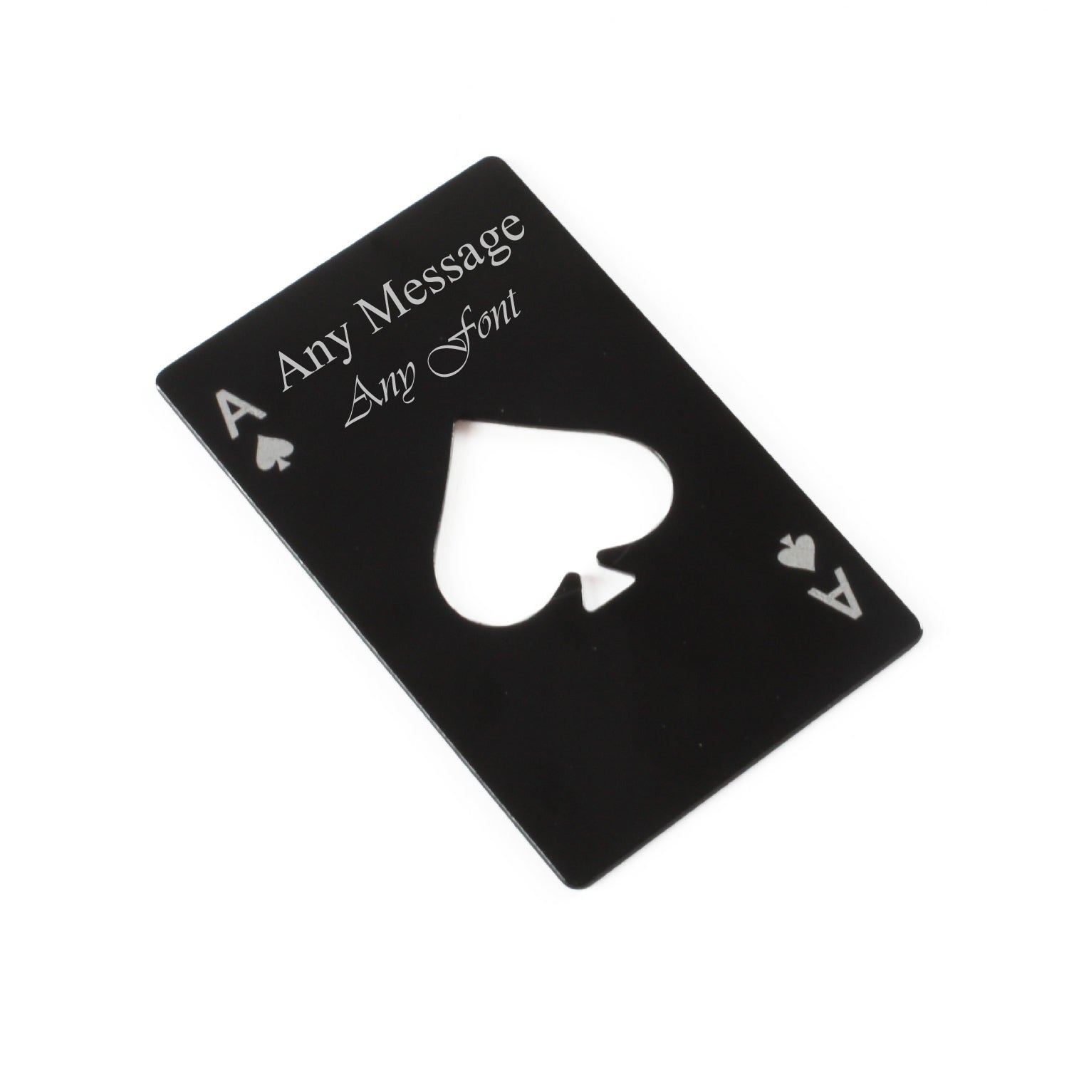 Engraved Steel Black Ace of Spades Bottle Opener Any Message Image 1