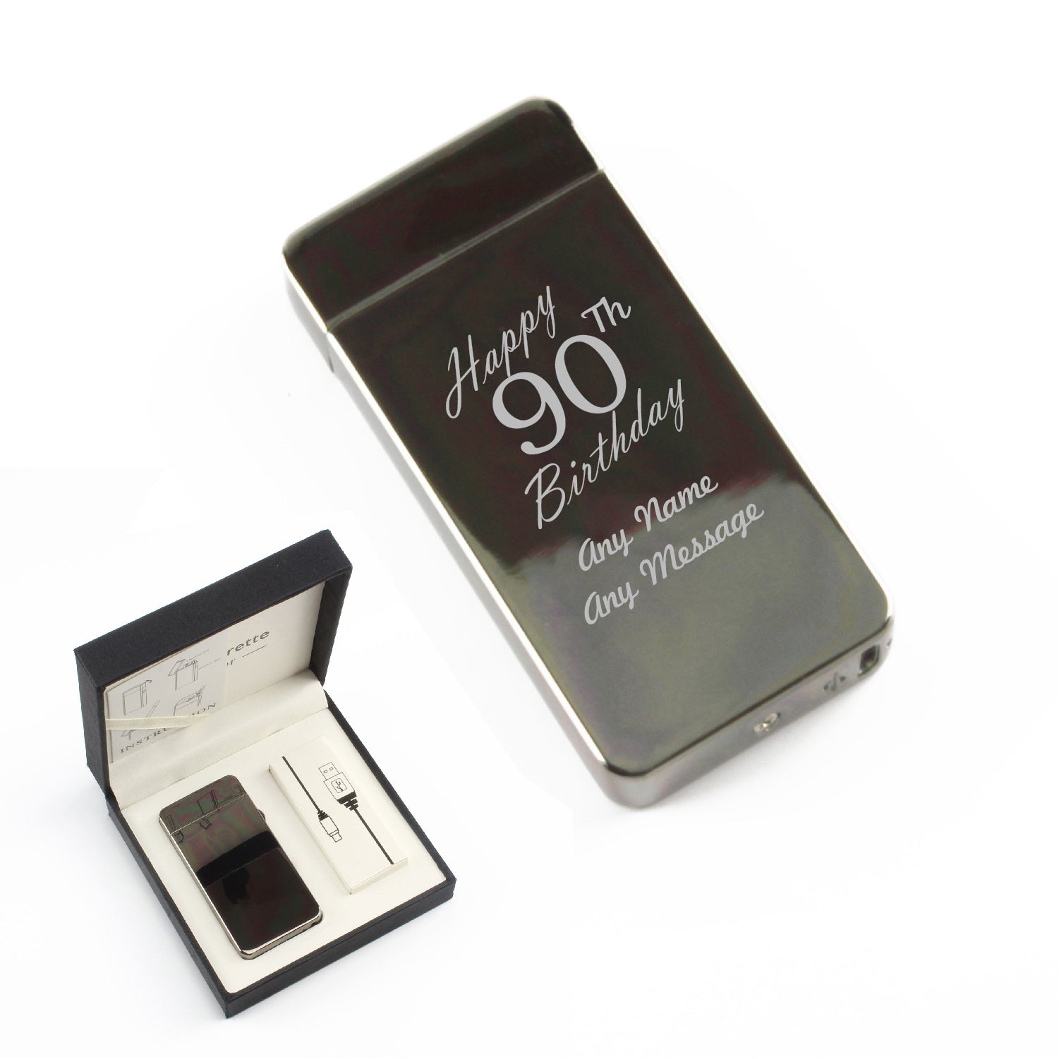 Engraved Electric Arc Lighter, Black, Happy 90th Birthday, Gift Boxed Image 1