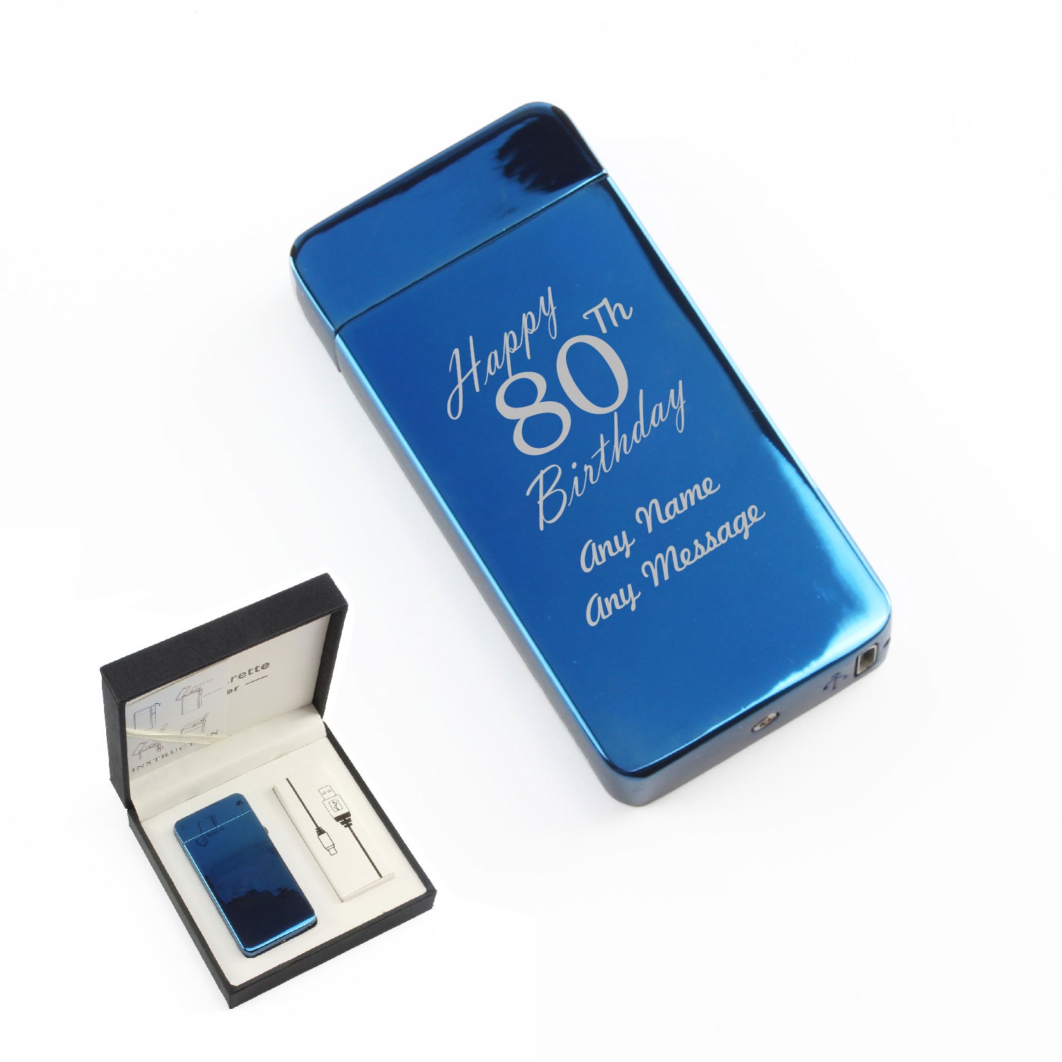 Engraved Electric Arc Lighter, Blue, Happy 80th Birthday, Gift Boxed Image 1