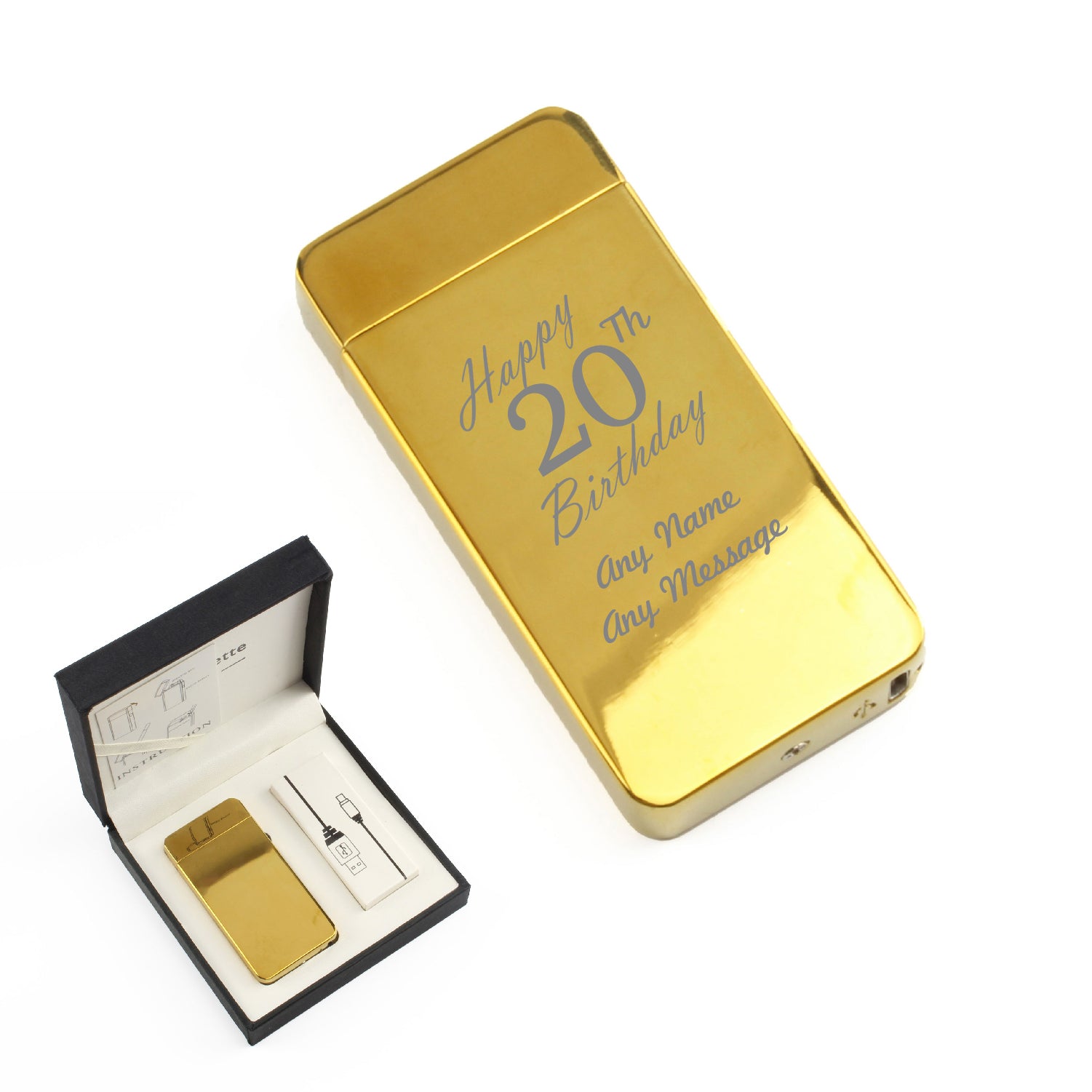 Engraved Electric Arc Lighter, Gold, Happy 20th Birthday, Gift Boxed Image 1