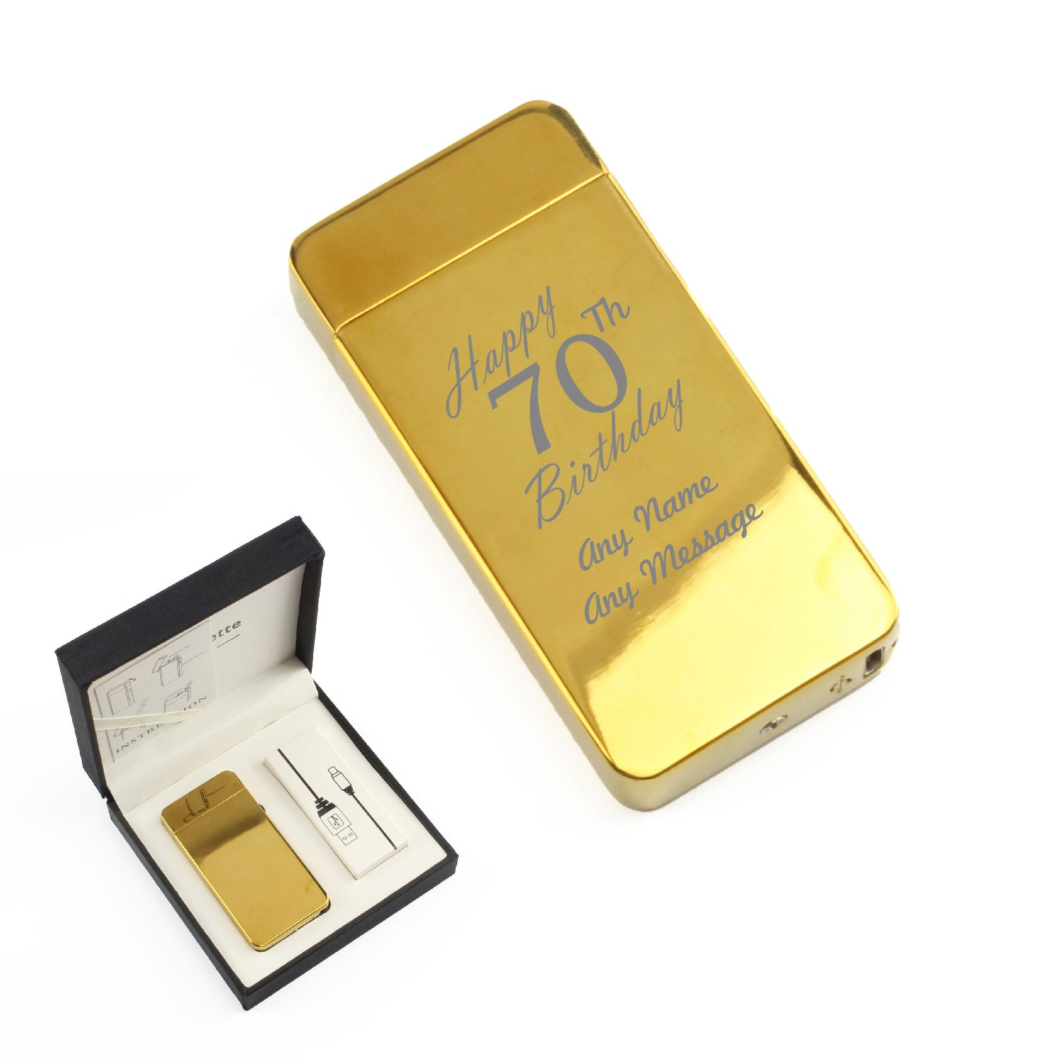 Engraved Electric Arc Lighter, Gold, Happy 70th Birthday, Gift Boxed Image 1