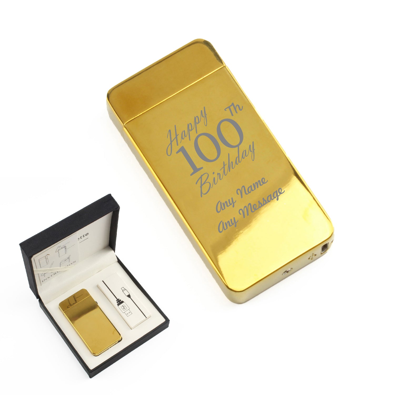 Engraved Electric Arc Lighter, Gold, Happy 100th Birthday, Gift Boxed Image 1