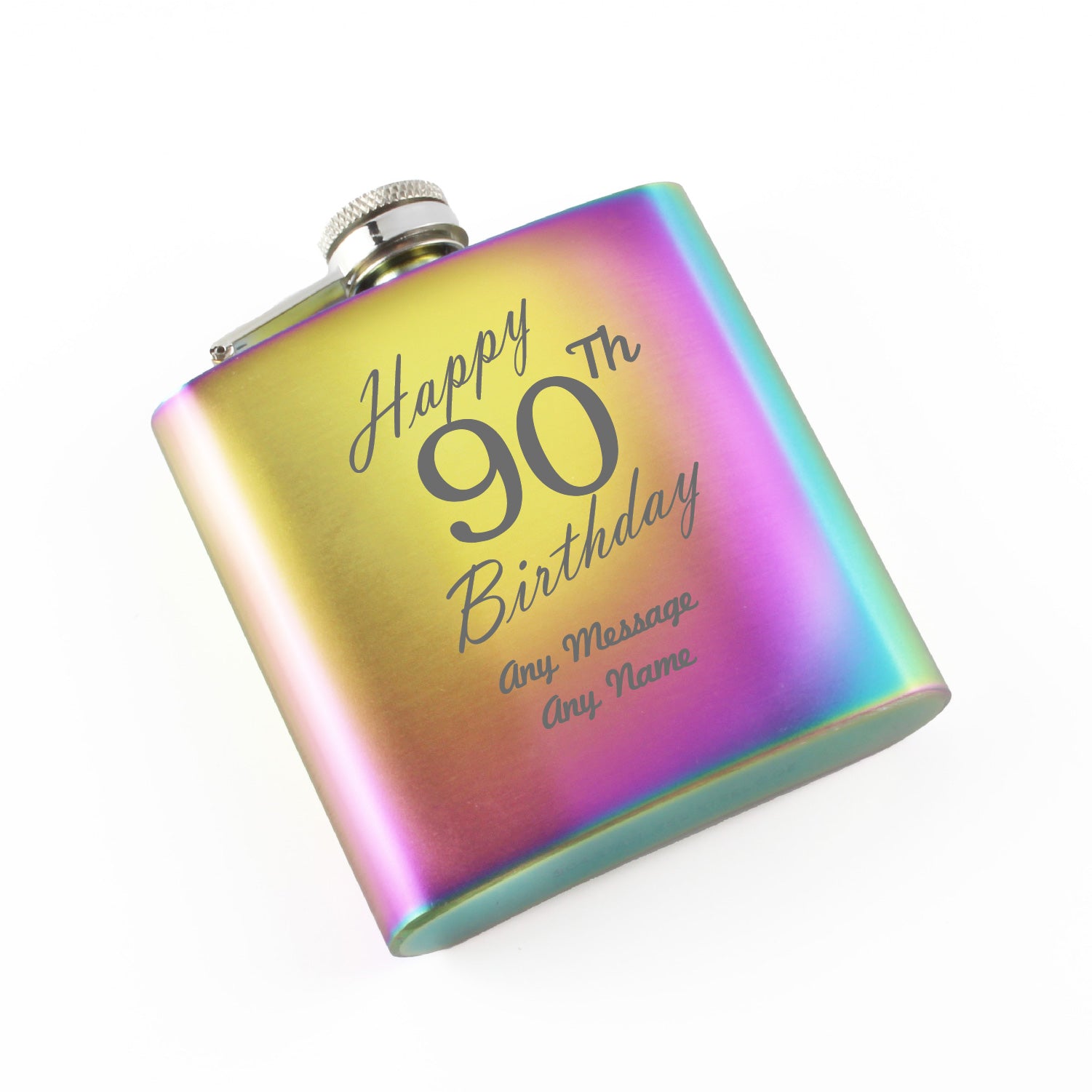 Engraved 6oz Rainbow Steel Hip Flask Happy 90th Birthday Image 1