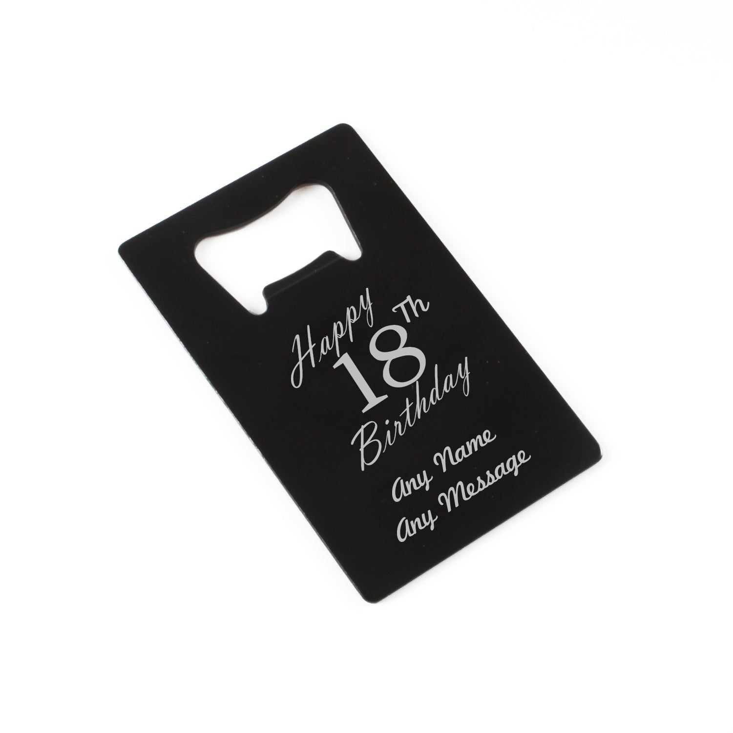 Engraved Portable Wallet Card Bottle Opener Black Happy 18th Birthday Image 1