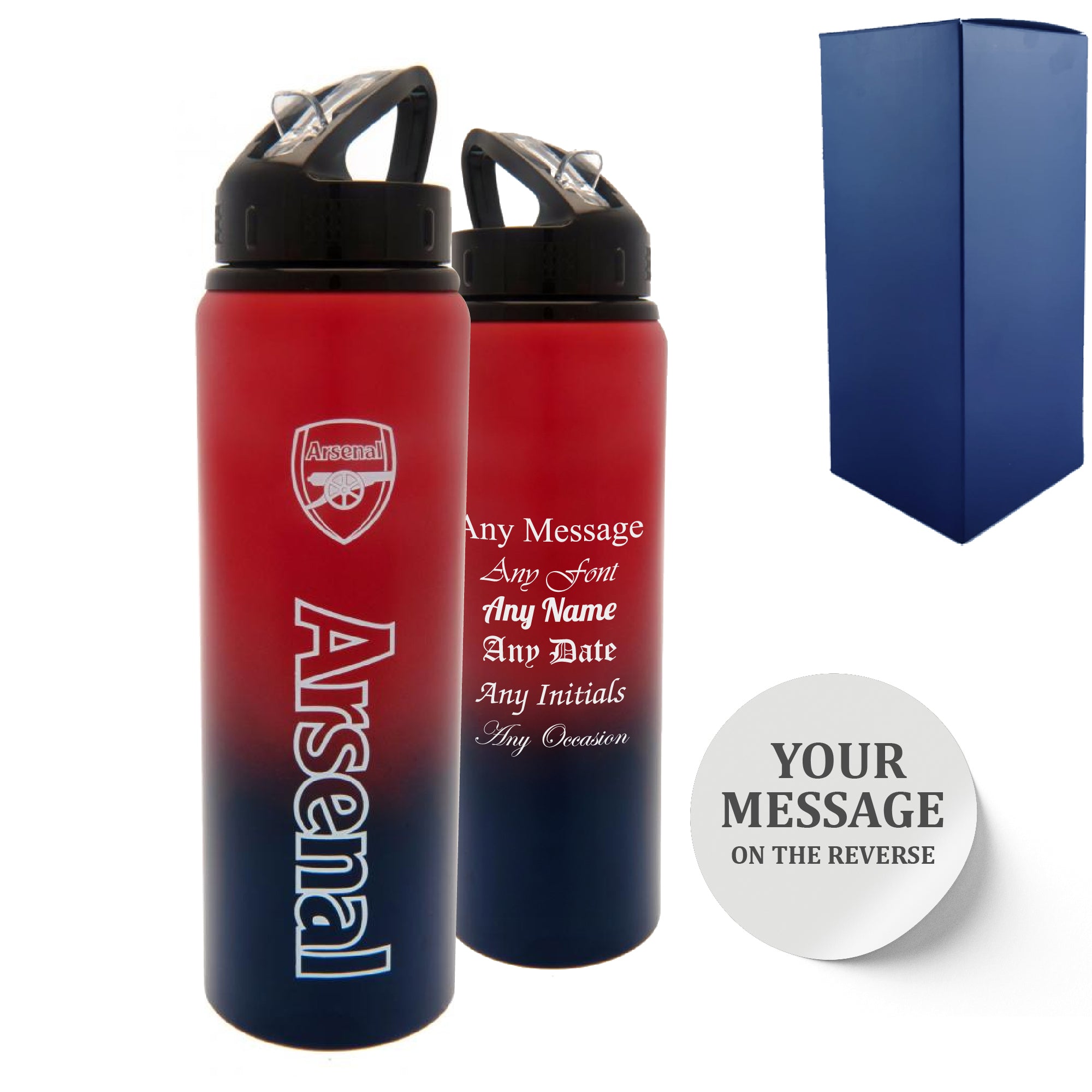 Official Printed Metal Arsenal Bottle, Personalise Any Message, Gift Boxed Image 1