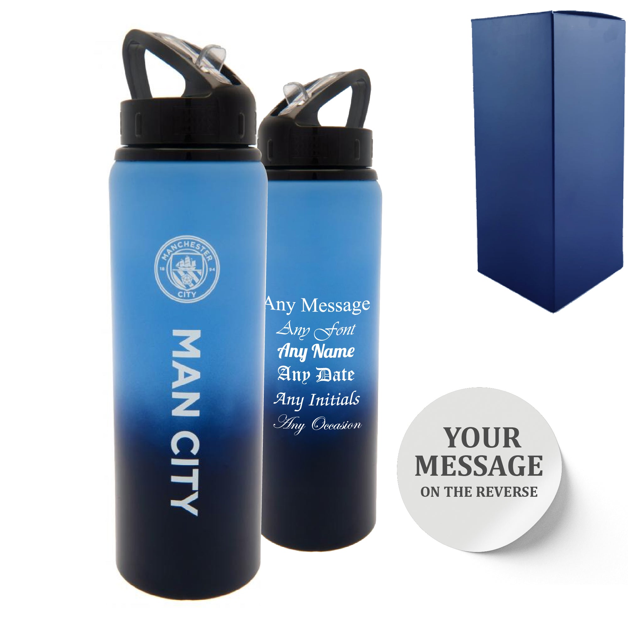 Official Printed Metal Manchester City Bottle, Personalise Any Message, Gift Boxed Image 1