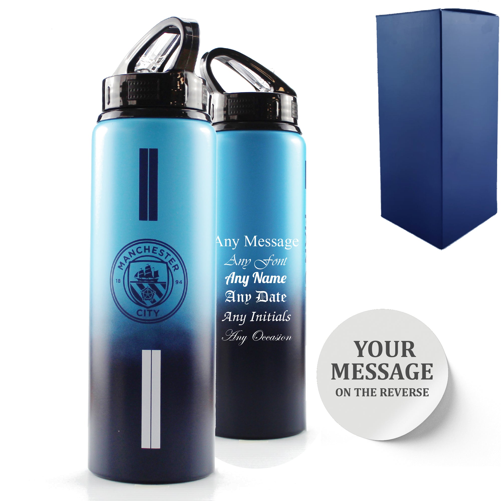 Official Printed Metal Manchester City Bottle, Personalise Any Message, Gift Boxed, Striped Design Image 1