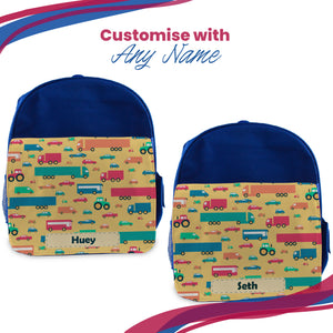 Printed Kids Blue Backpack with Vehicle Design, Customise with Any Name Image 5