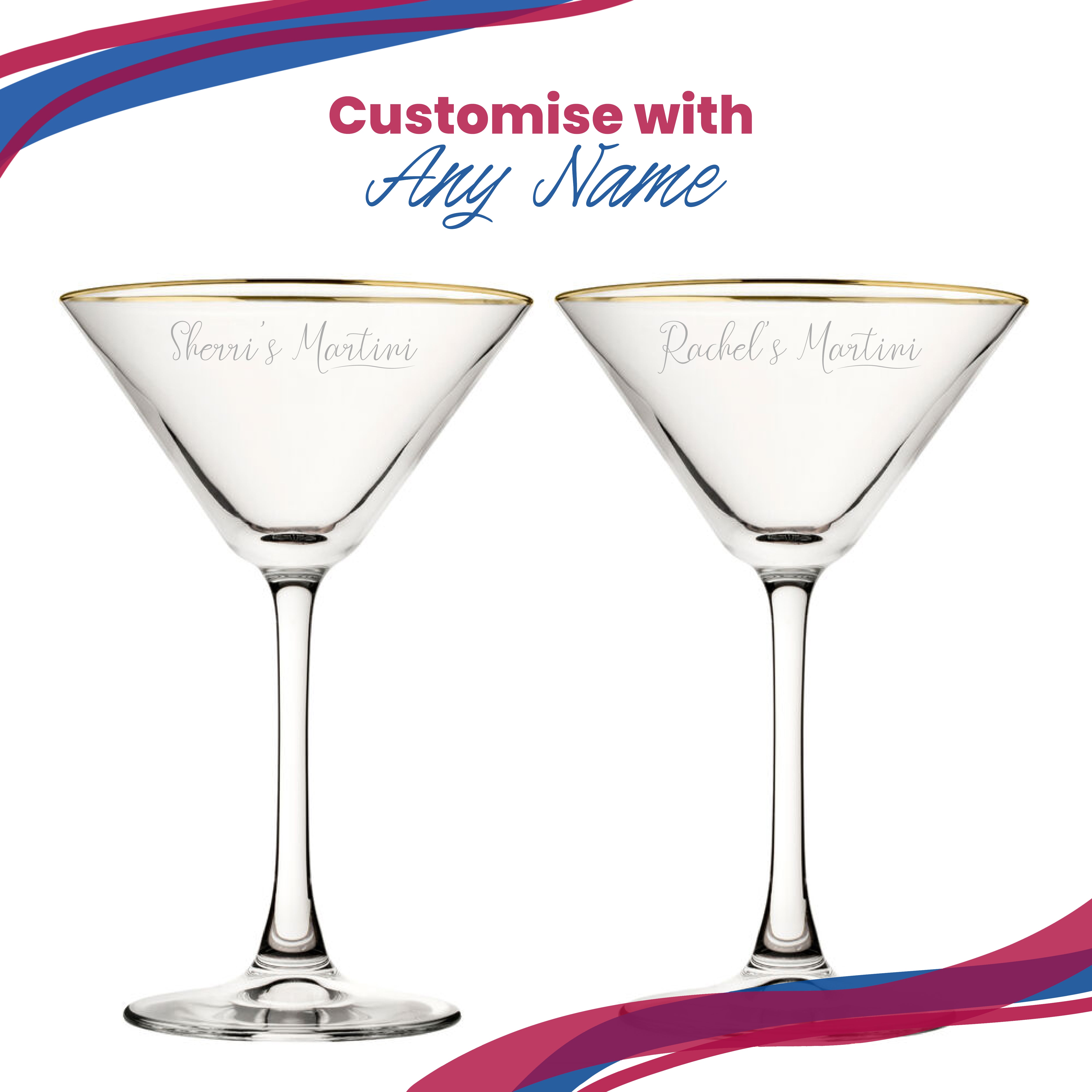 Engraved Gold Rim Martini Cocktail Glass with Name's Martini Design, Personalise with Any Name Image 5