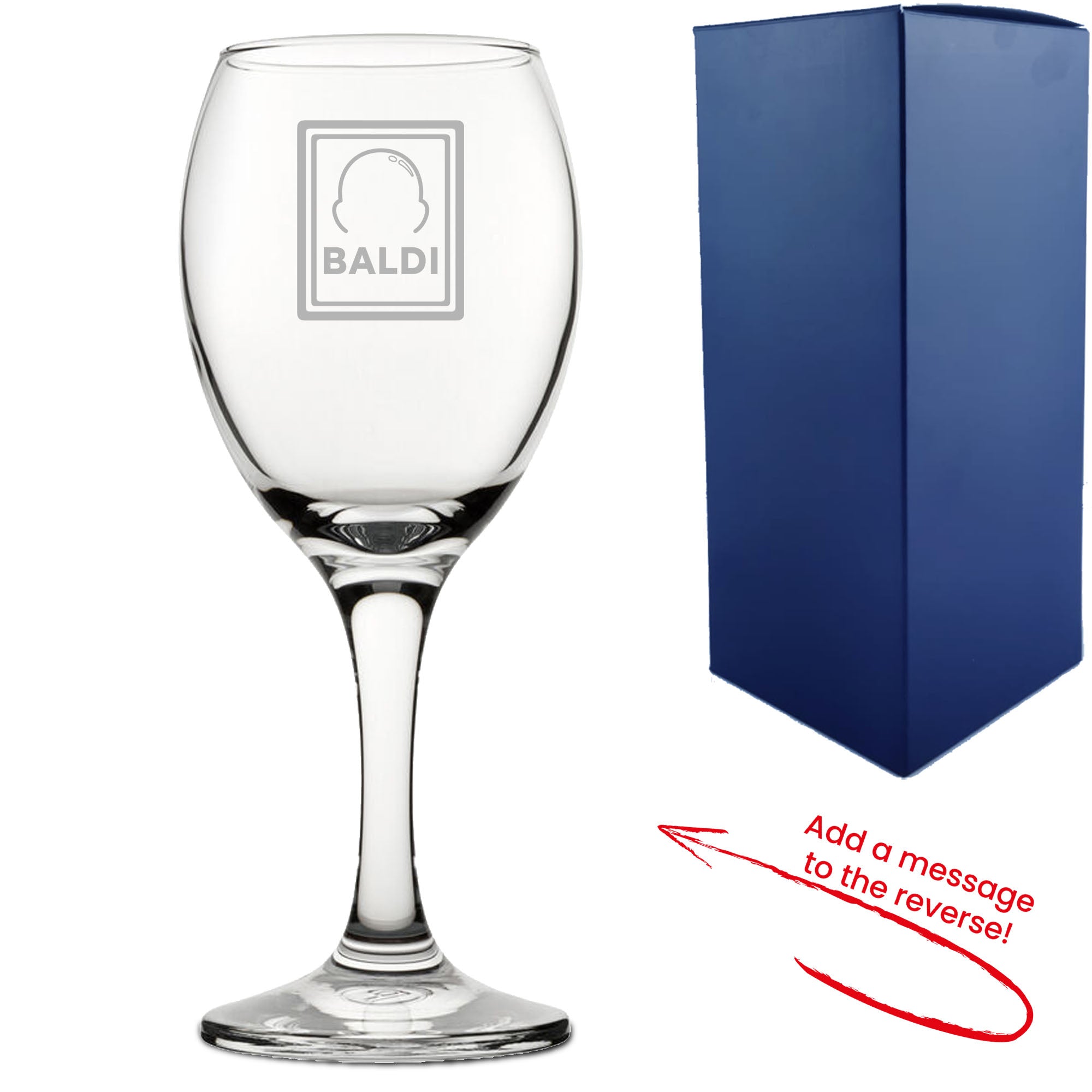 Engraved Wine Glass with Baldi Design, Add a Personalised Message to the Reverse Image 2