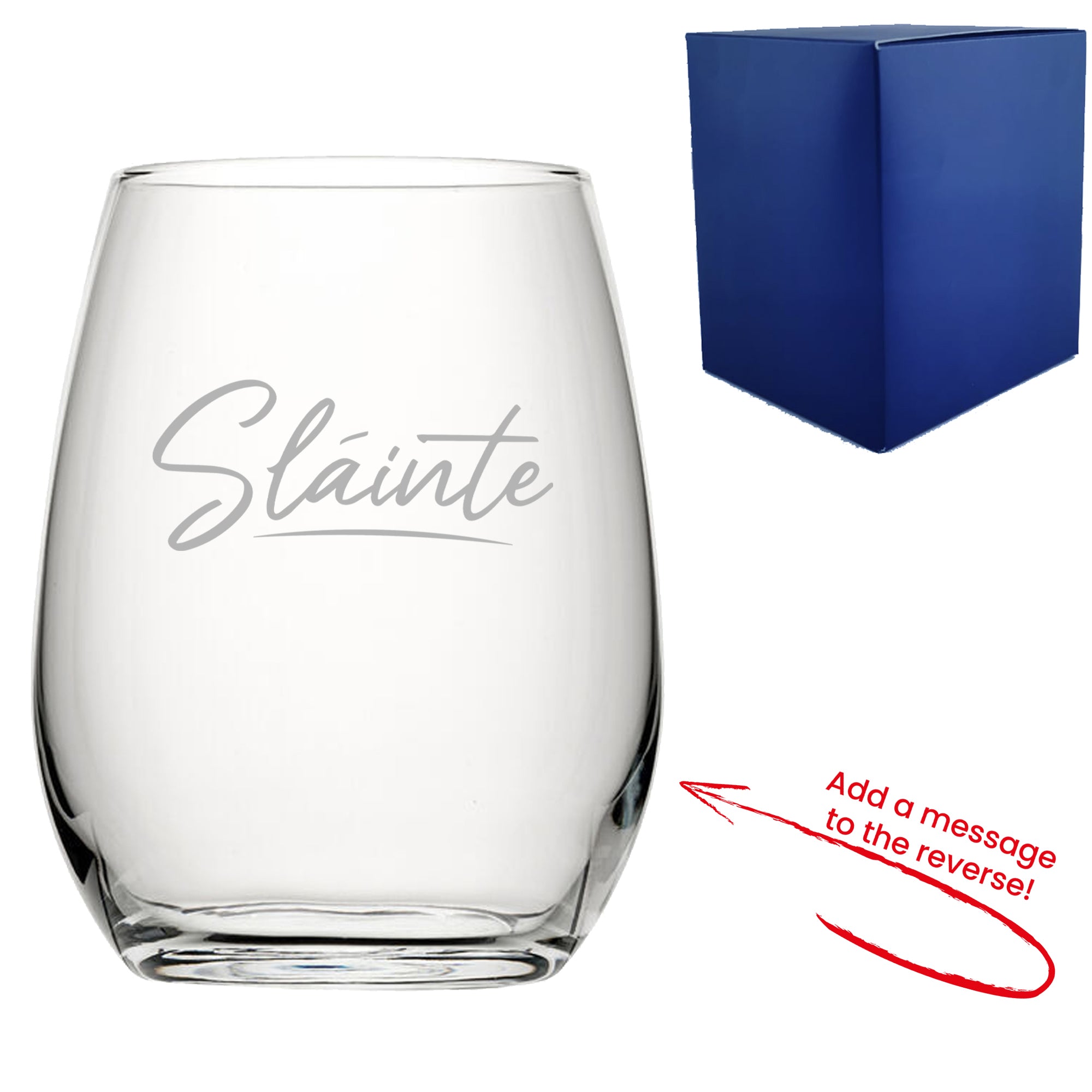 Engraved Stemless Wine Glass with Slainte Script Design, Add a Personalised Message to the Reverse Image 1