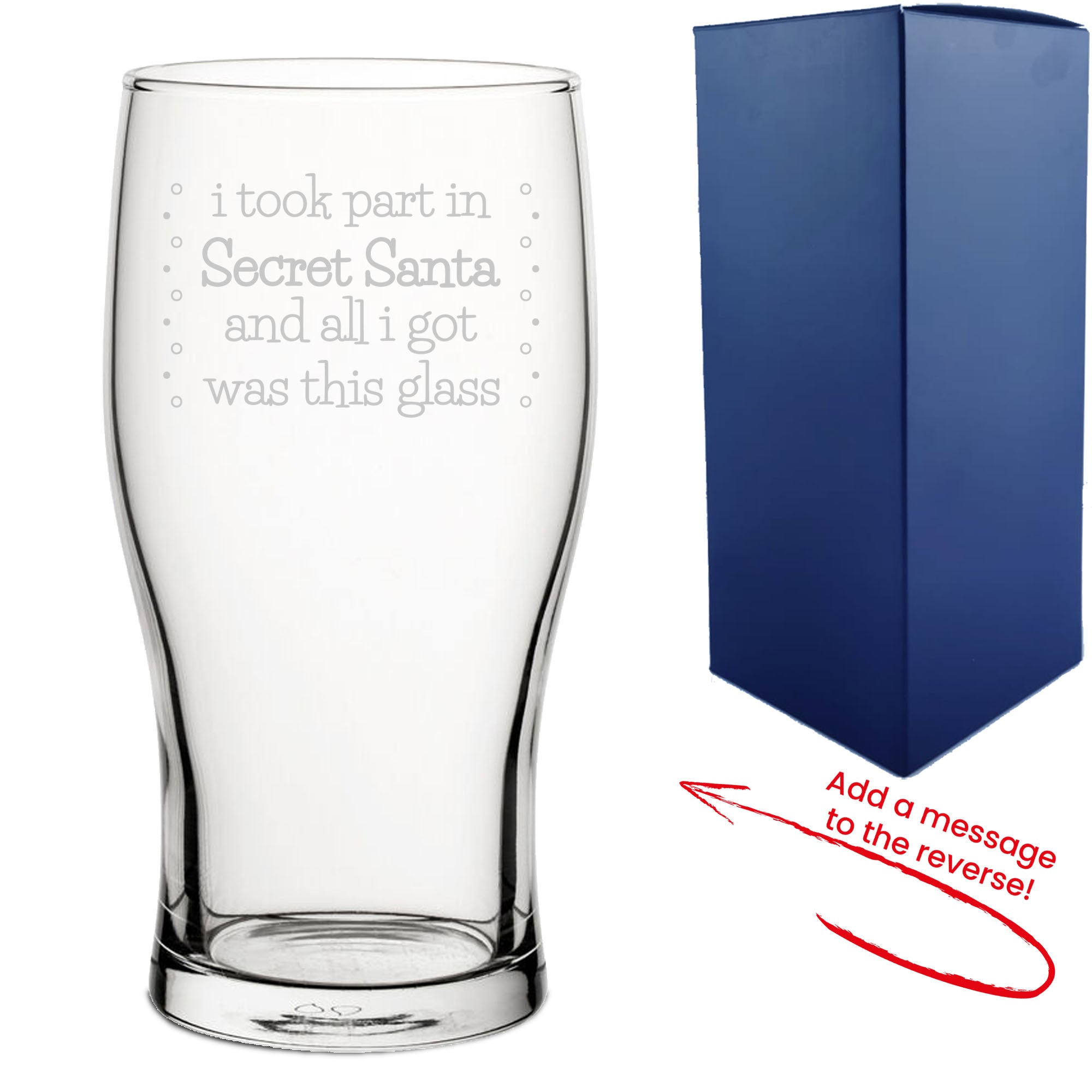 Engraved Pint Glass with Secret Santa Serif Design, Add Message to Reverse Image 1