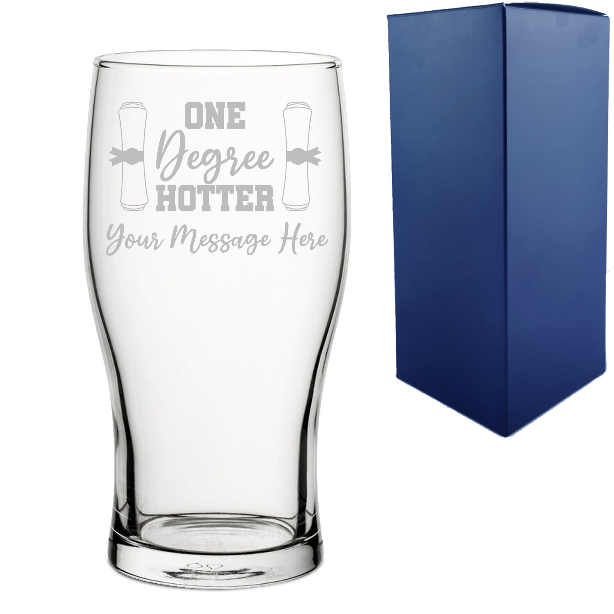 Personalised Engraved Graduation Pint Glass with 'One Degree Hotter' Design, Personalise with Any Name or Message Image 1