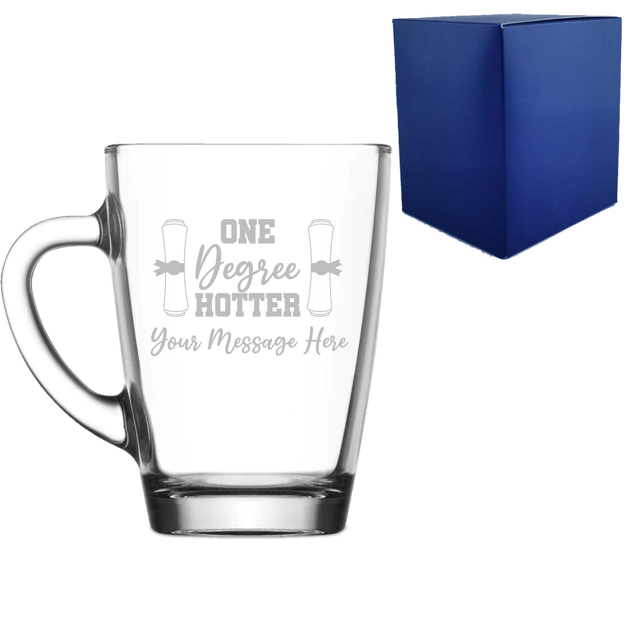 Personalised Engraved Graduation Glass Coffee Cup with 'One Degree Hotter' Design, Personalise with Any Name or Message Image 1