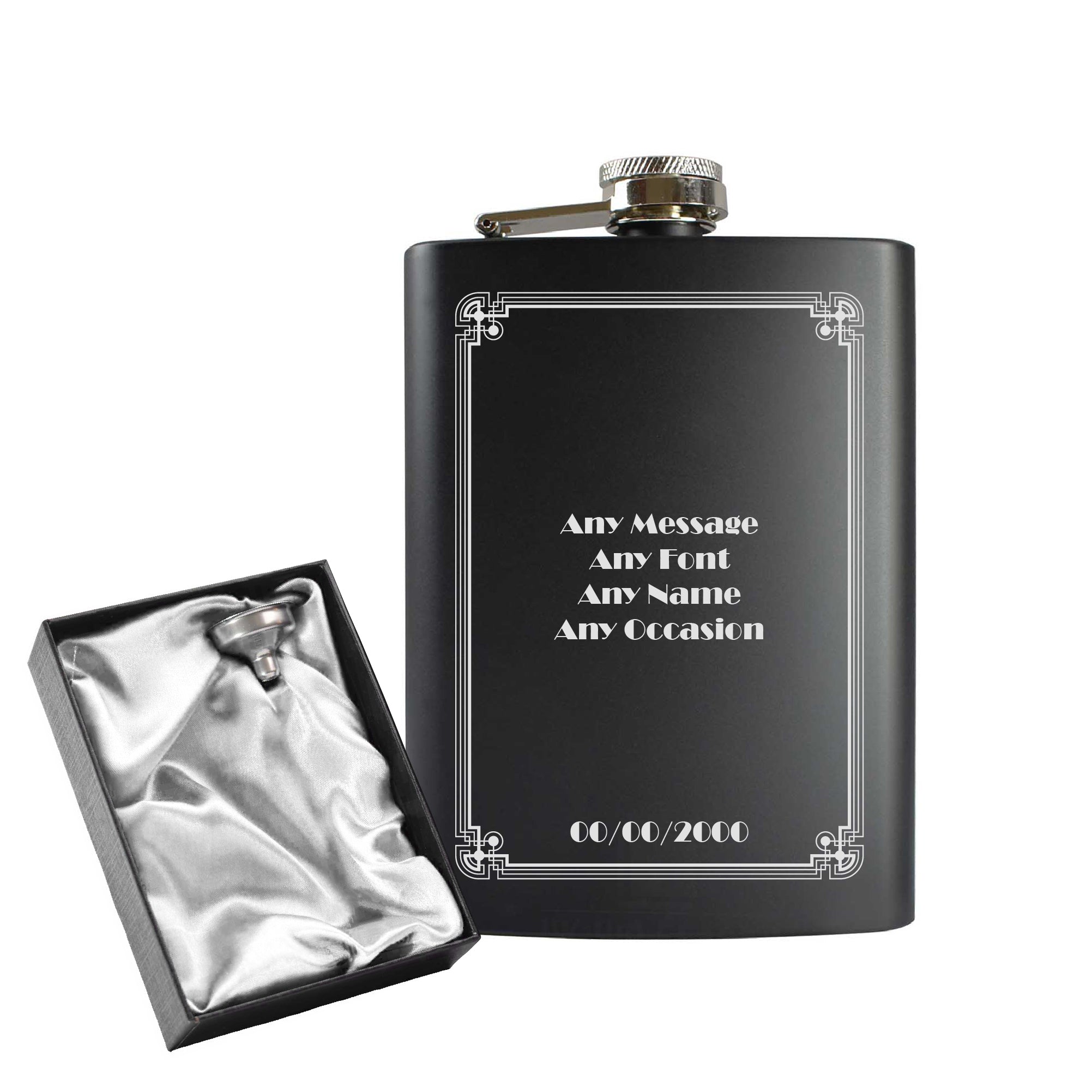 Engraved 8oz Black Hip flask with Formal border Image 1