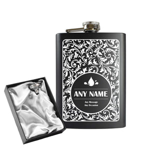 Engraved 8oz Black Hip flask with Fern leaf background Image 2