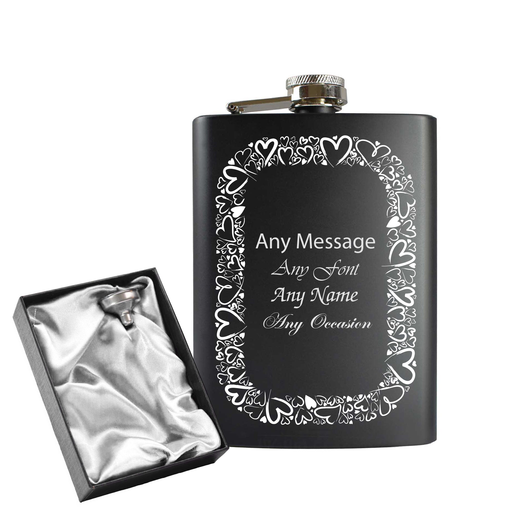 Engraved 8oz Black Hip flask with Heart border Image 1