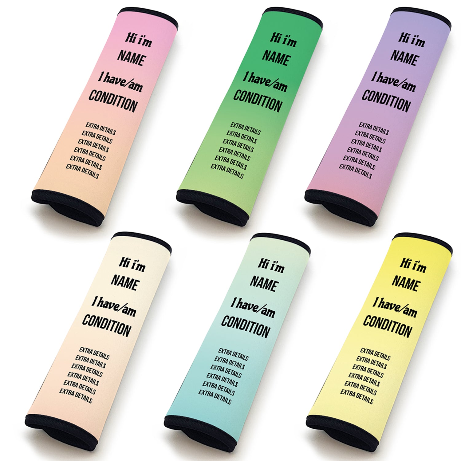 Personalised Seat Belt cover for medical conditions - Horizontal text, pastel colours Image 1