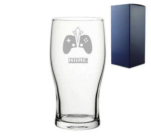 Personalised Engraved Pint Glass with Gaming Controller Name Design, Gift Boxed. Image 1