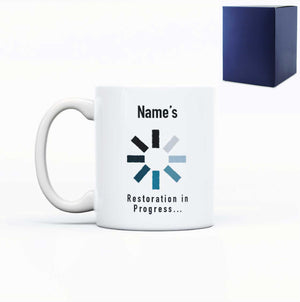 Printed Mug with Name's Restoration in Progress Design, Gift Boxed, Personalise with any name for any gamer Image 1