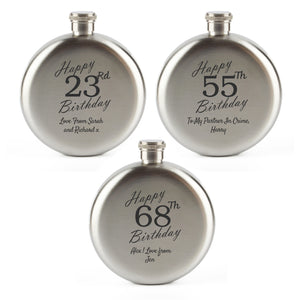 Engraved 5oz Round Steel Hip Flask Happy Custom Number Birthday Image 5