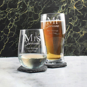 Engraved Mr and Mrs Beer and Stemless Wine Set, Classic Font Image 4