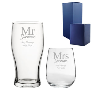 Engraved Mr and Mrs Beer and Stemless Wine Set, Classic Font Image 1