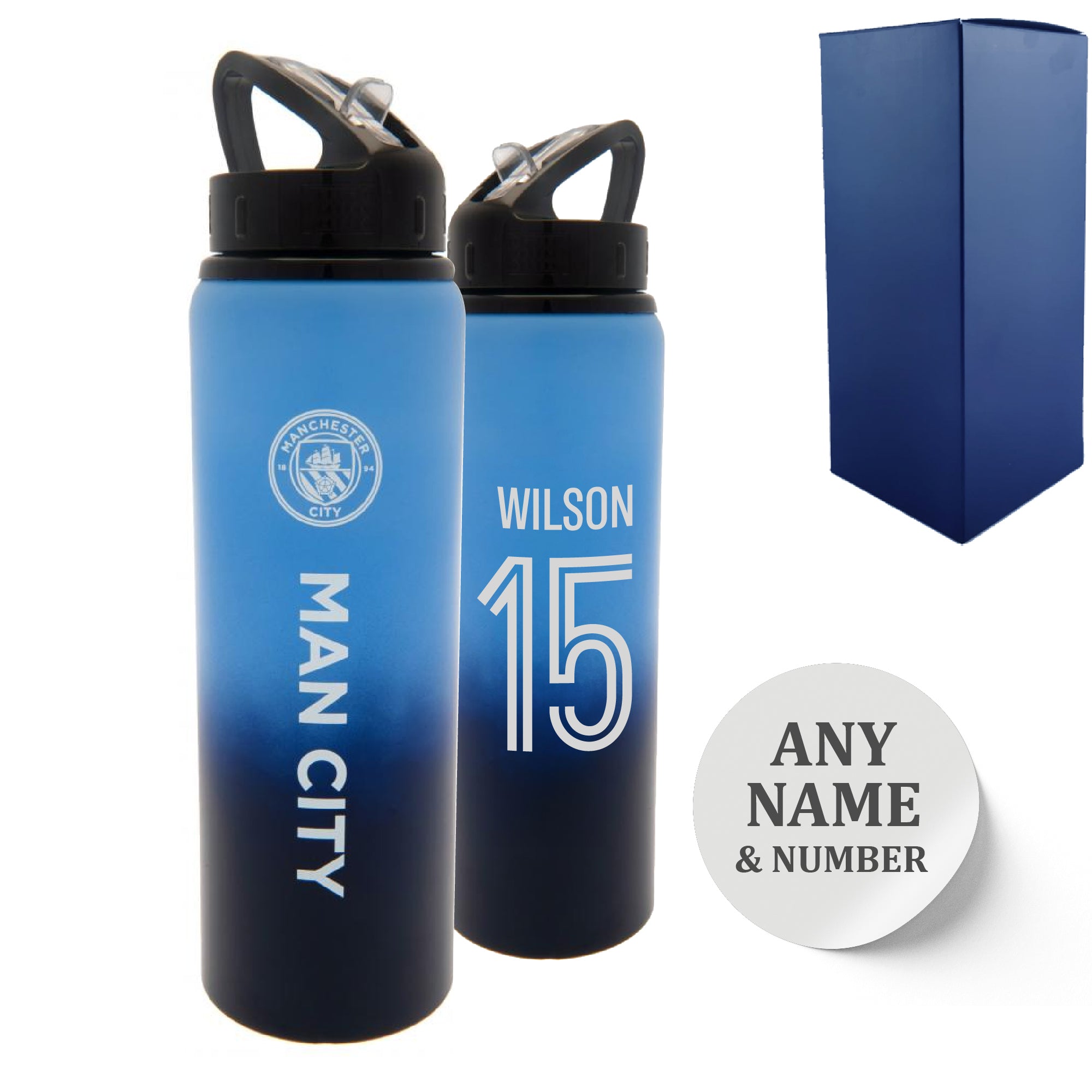 Official Printed Metal Manchester City Bottle, Personalise Any Number, Gift Boxed Image 1