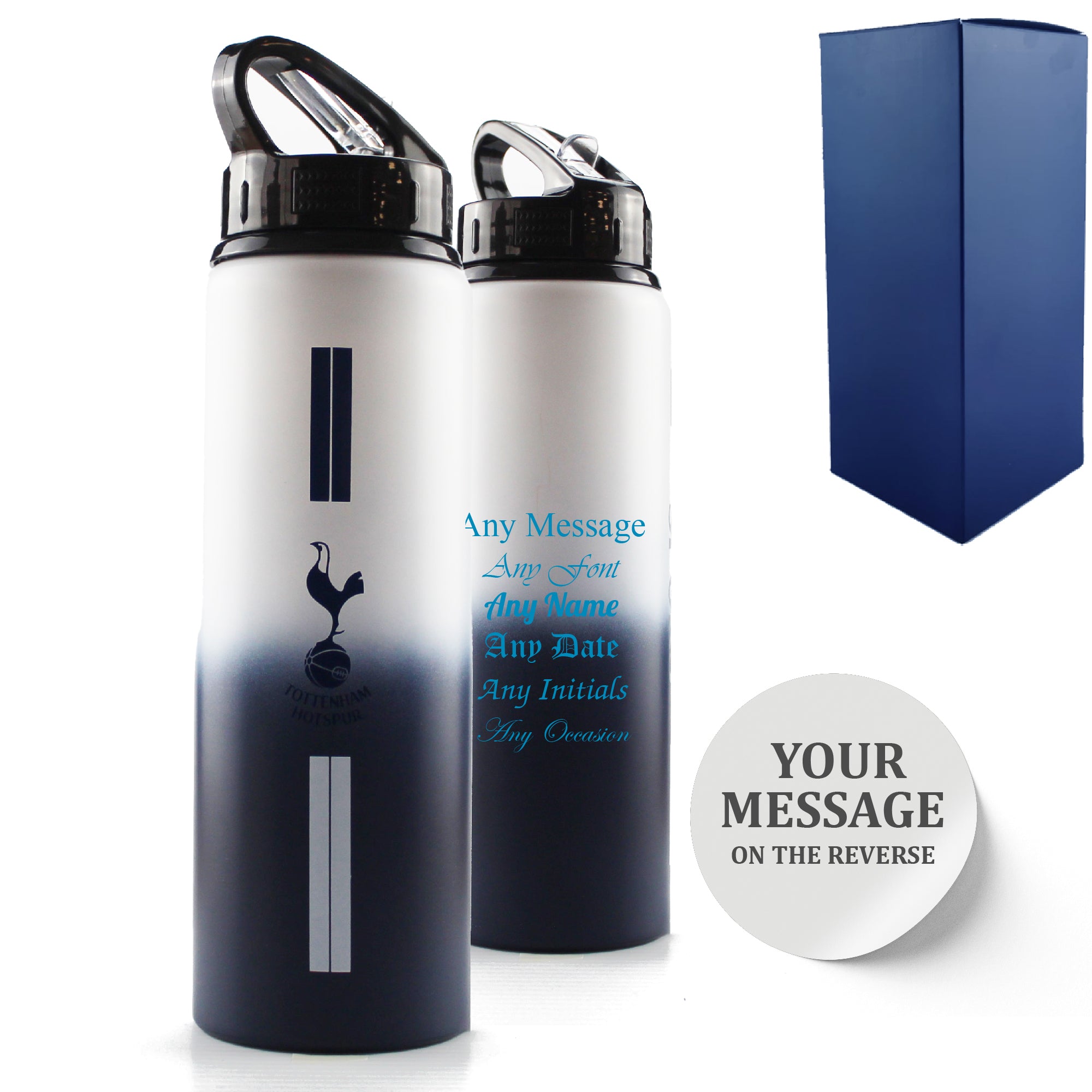 Official Printed Metal Tottenham Bottle, Personalise Any Message, Gift Boxed, Striped Design Image 1