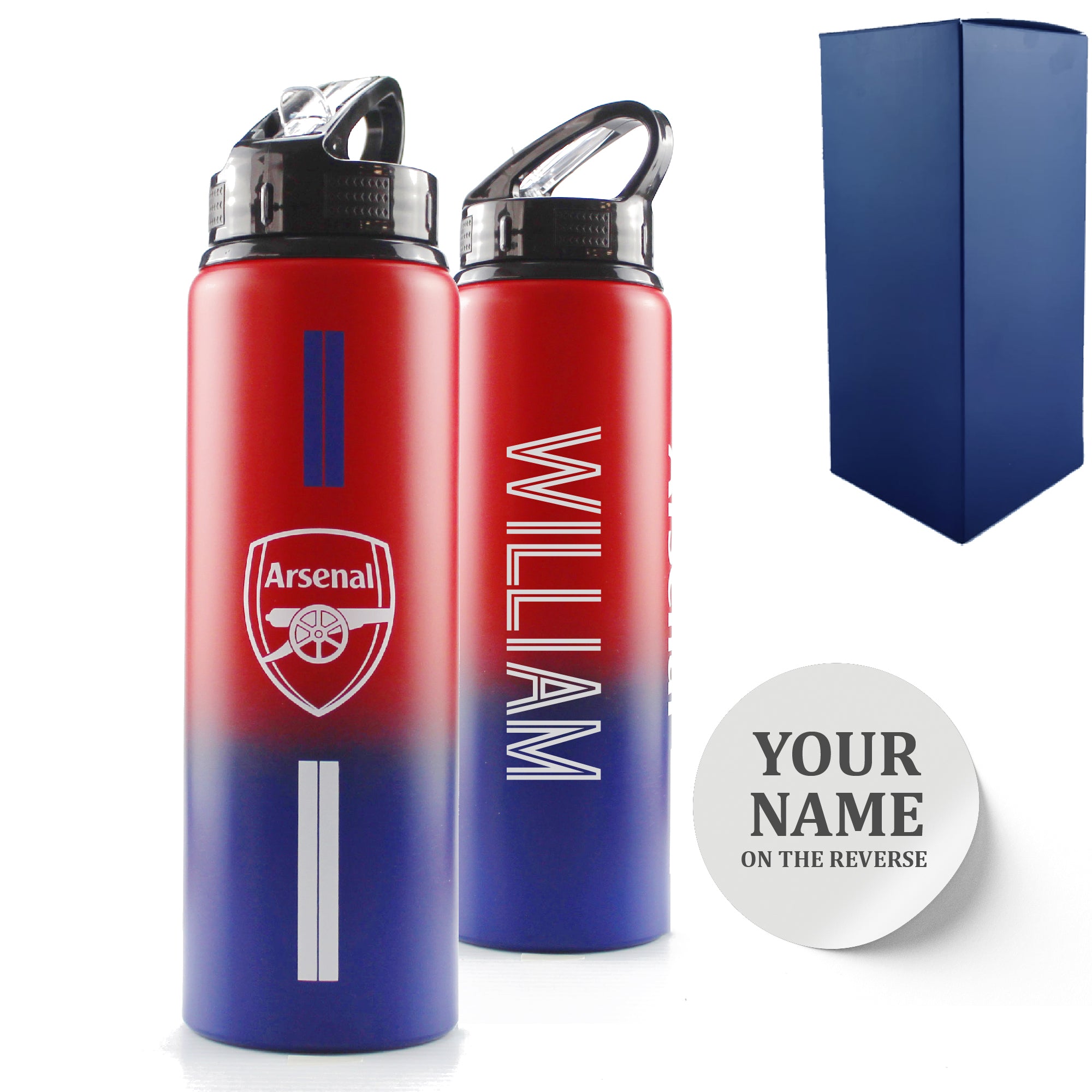 Official Printed Metal Arsenal Bottle, Personalise Any Name, Gift Boxed, Striped Design Image 1