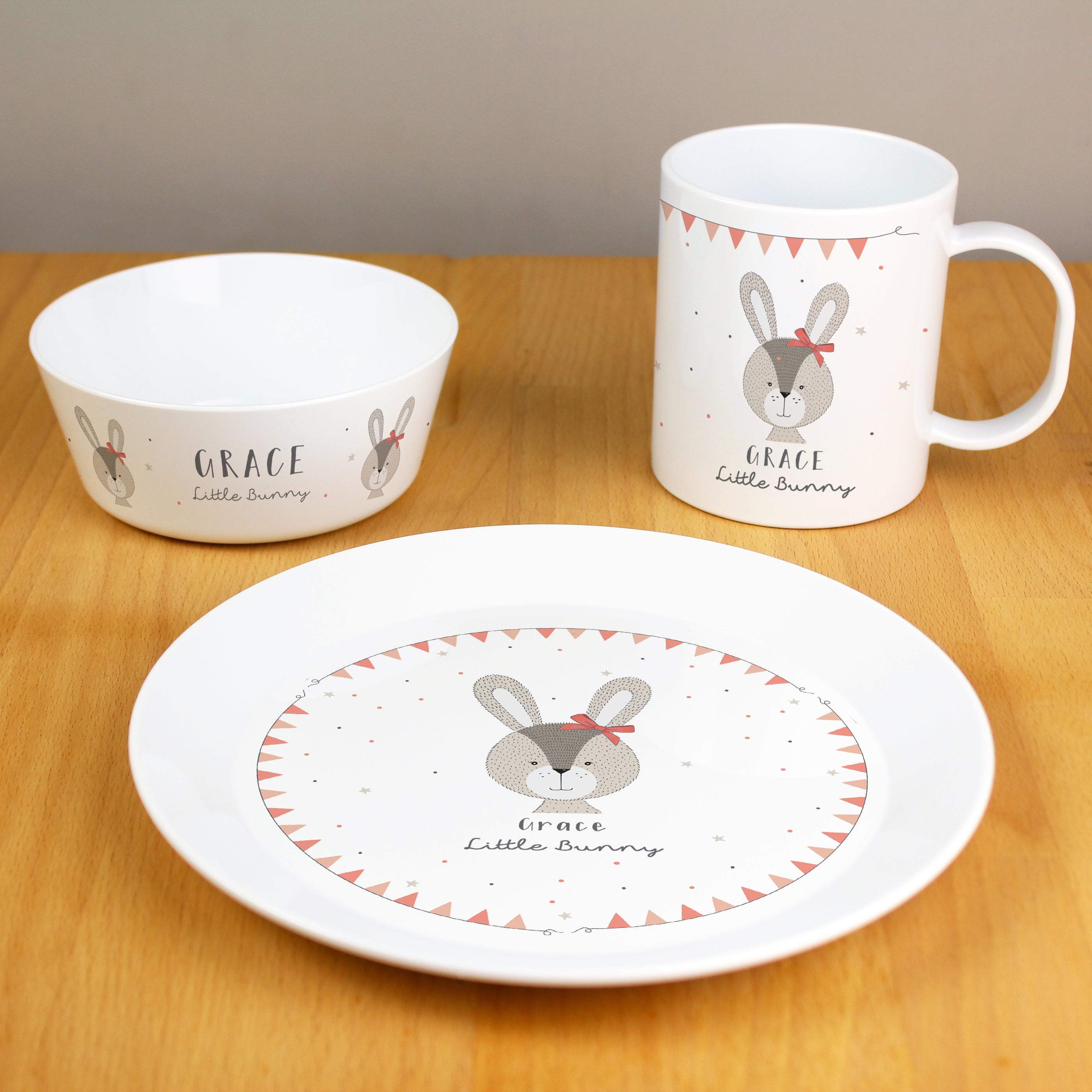 Personalised Little Bunny Pink Plastic Breakfast Set