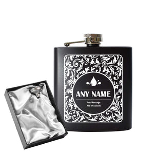 Engraved 6oz Black Hip flask with Fern leaf background Image 1