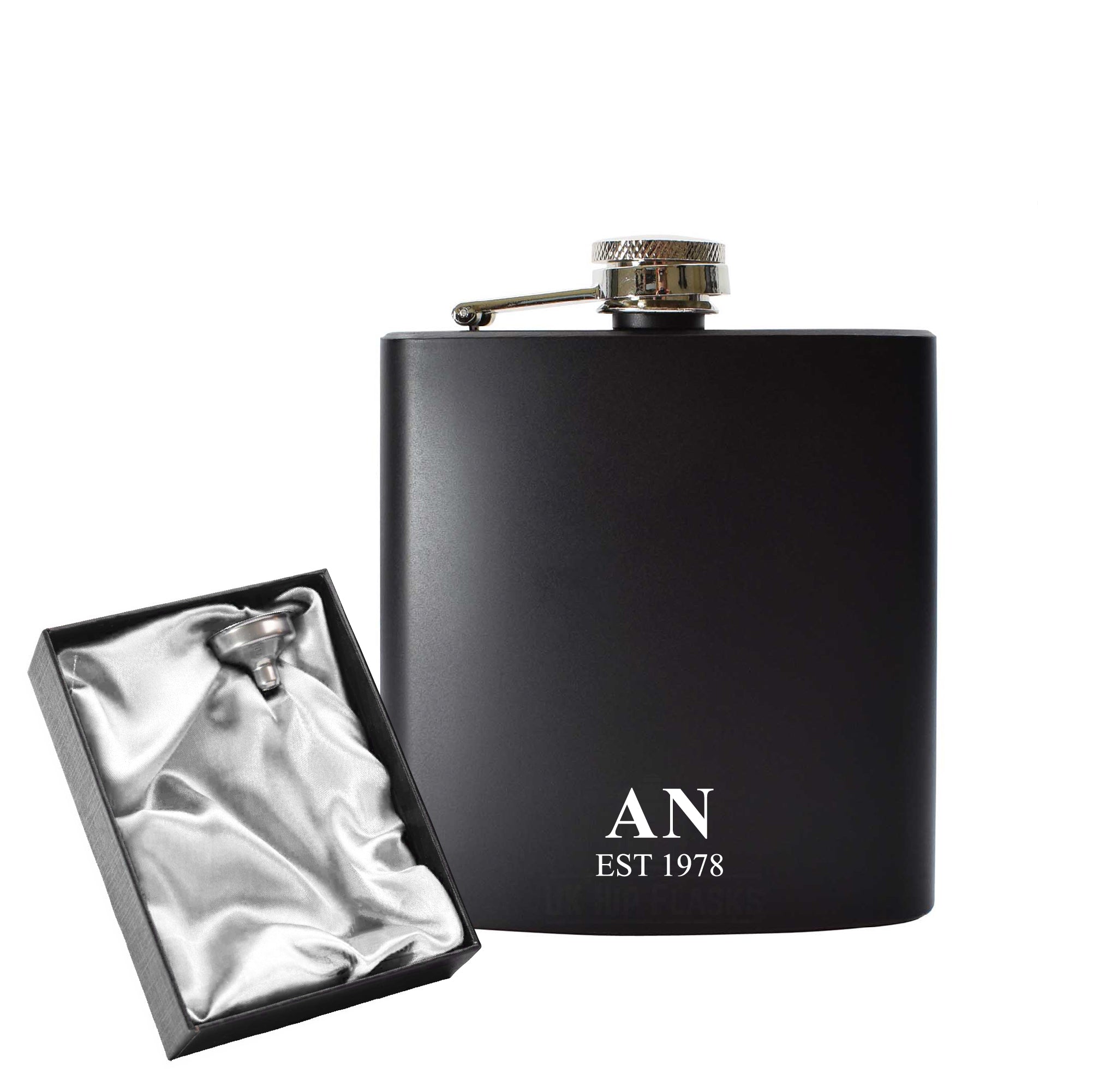 Engraved 6oz Black Hip flask with Initials and Date Image 1