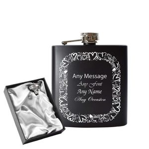 Engraved 6oz Black Hip flask with Heart border Image 1