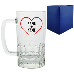 Personalised Glass Tankard, with Heart and any names Image 2