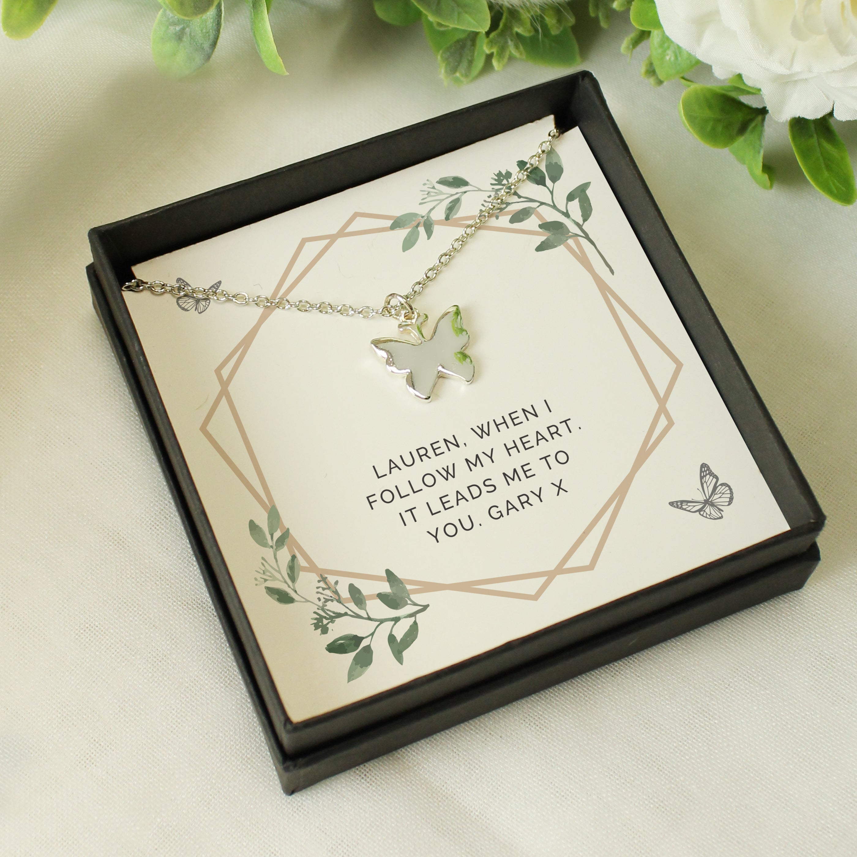 Personalised Botanical Sentiment Butterfly  Necklace and Box