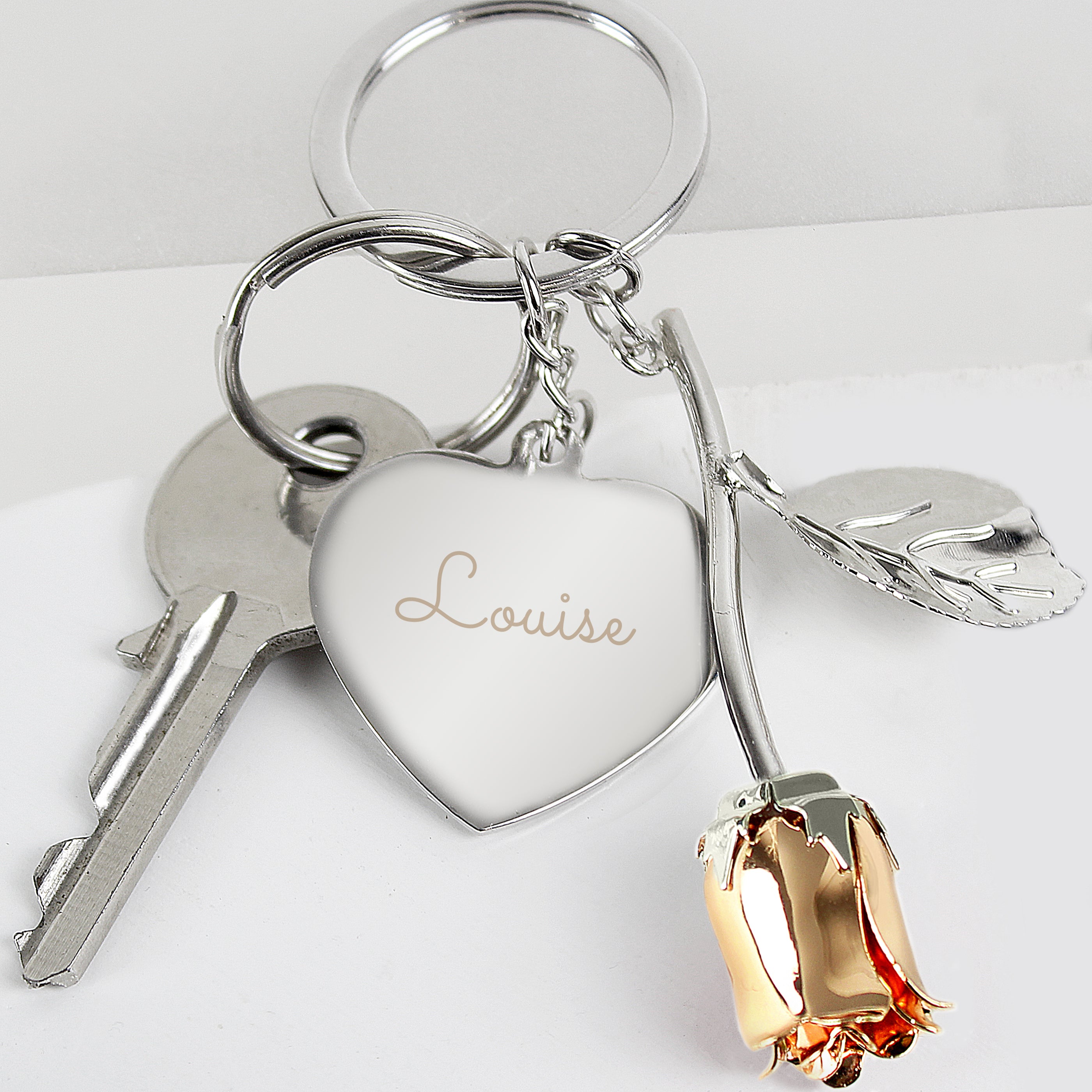 Personalised Silver Plated Name Rose Gold Rose Keyring