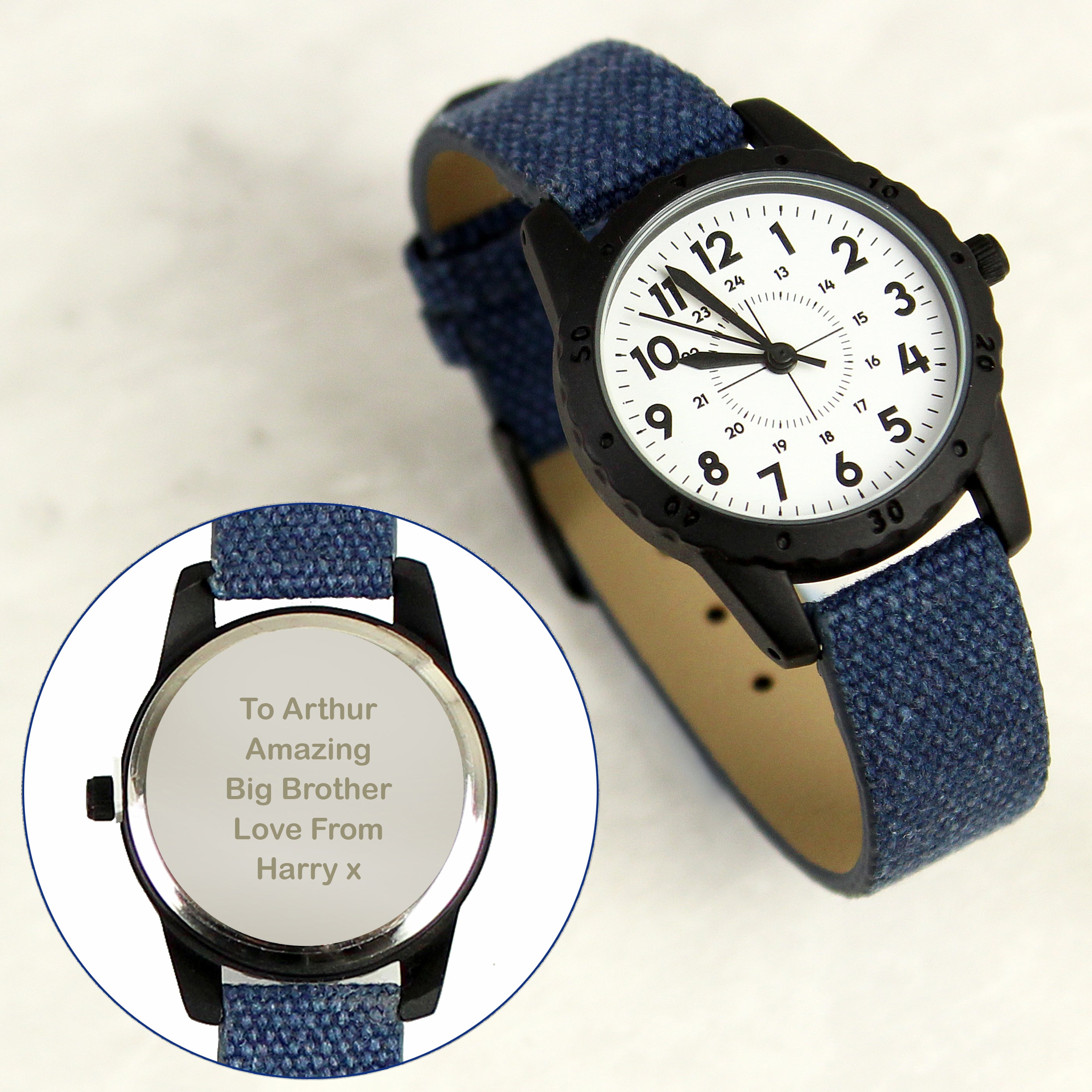 Personalised Black with Blue Canvas Strap Boys Watch