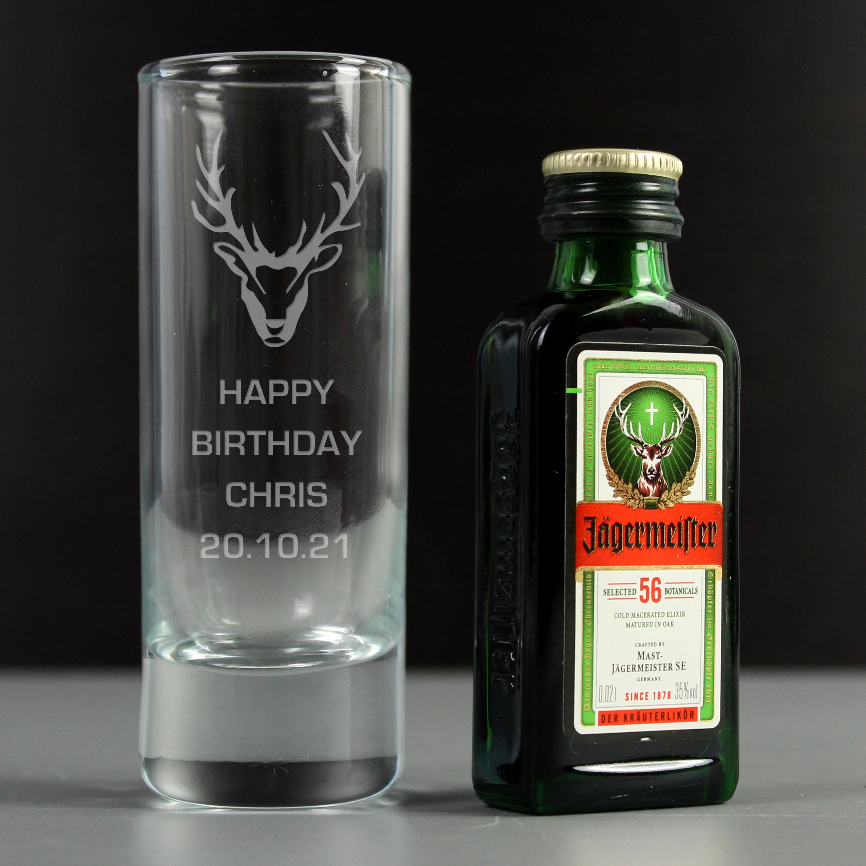 Personalised Stag Shot Glass and Miniature Jagermeister