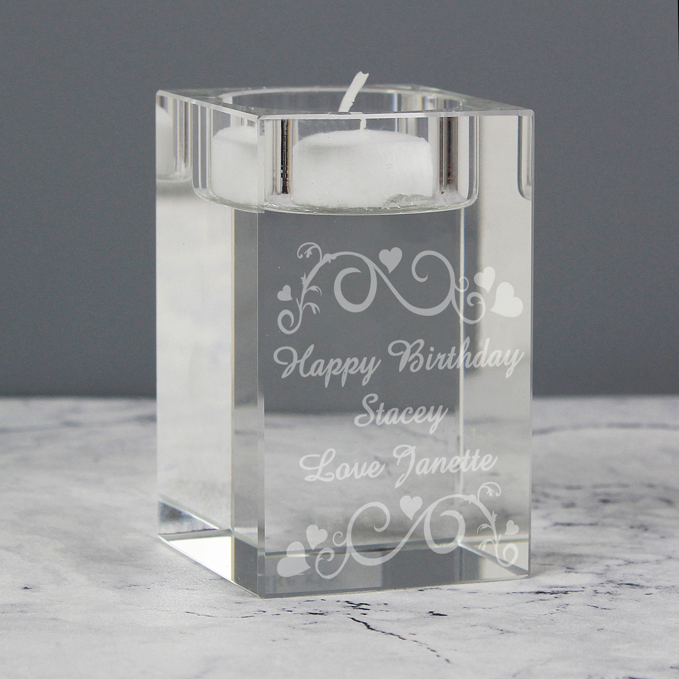 Personalised Ornate Swirl Glass Tea Light Candle Holder