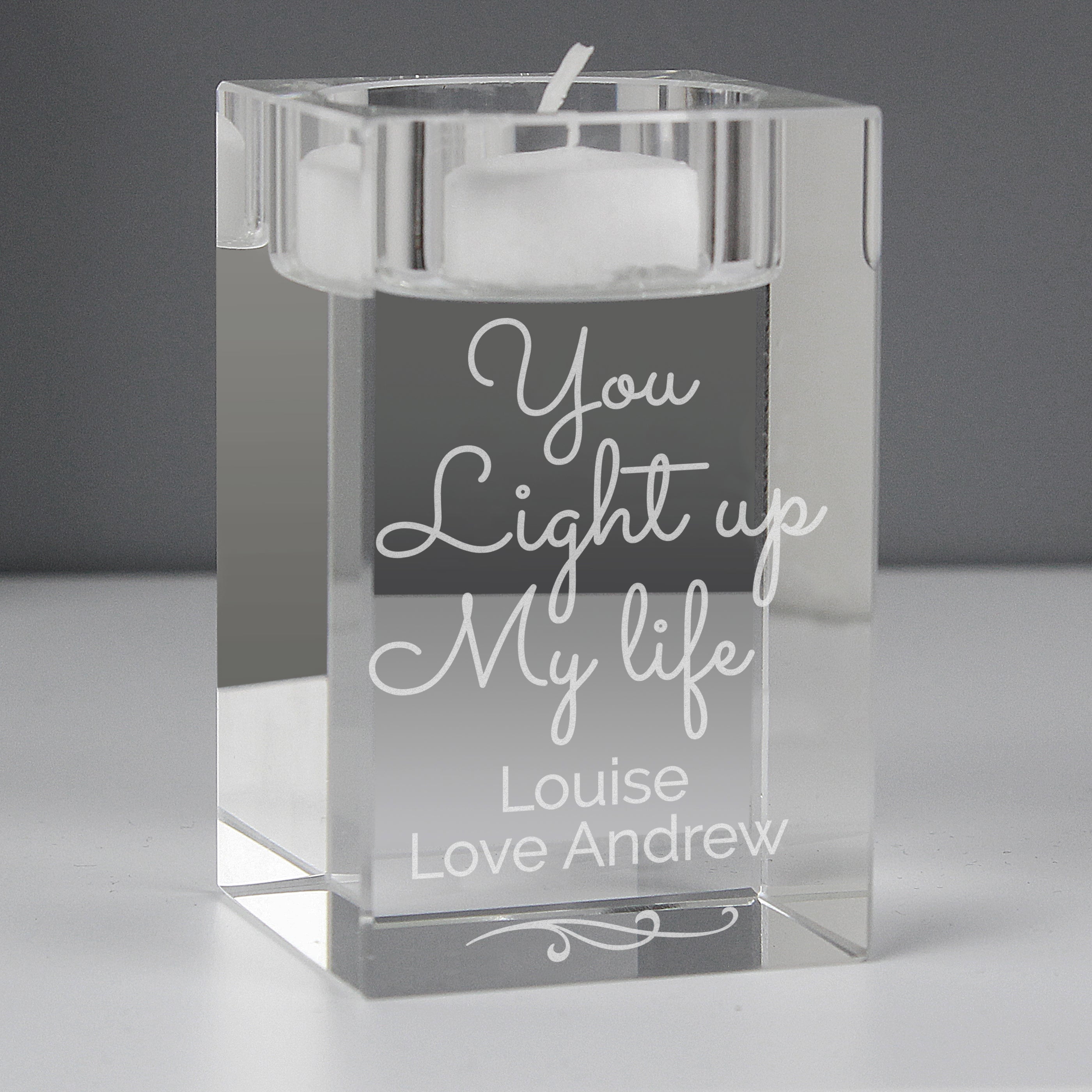 Personalised You Light Up My Life Glass Tea Light Holder